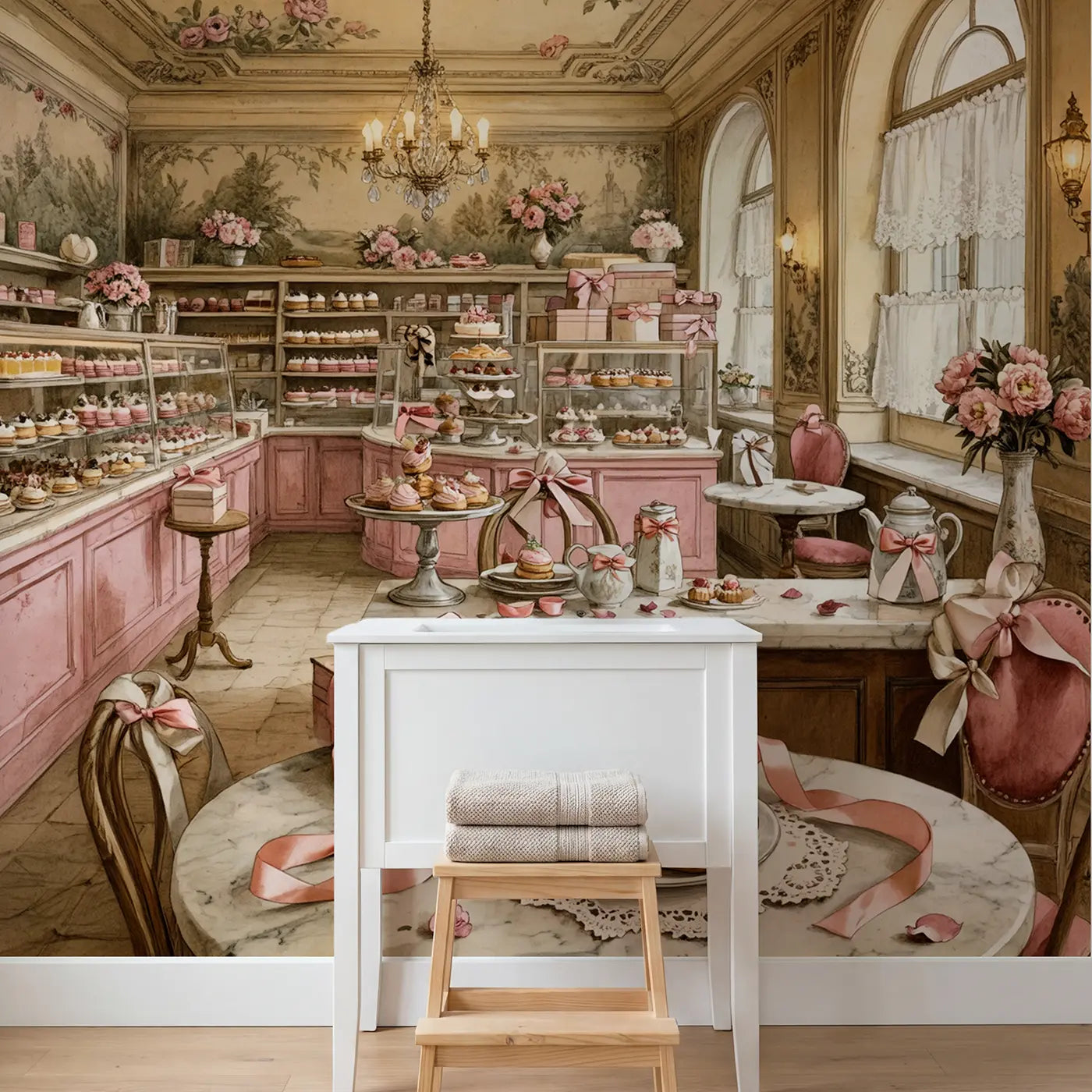 Vintage Patisserie Bow Display Wallpaper Mural in playroom setting by Whimsy Tots