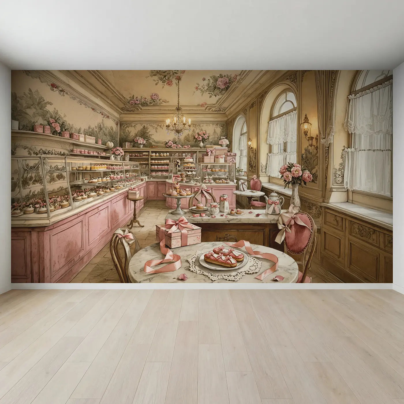 Full view of Vintage Patisserie Bow Display Wallpaper Mural by Whimsy Tots