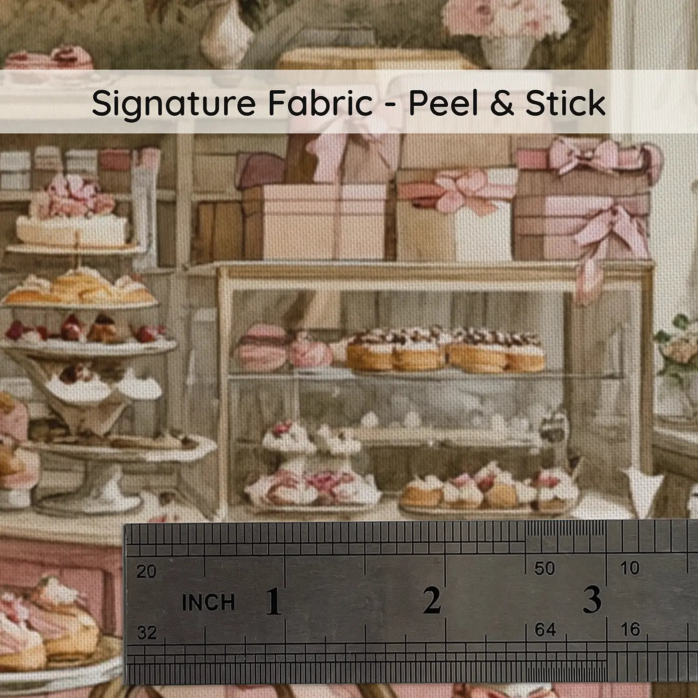Fabric texture close-up of Vintage Patisserie Bow Display Wallpaper Mural by Whimsy Tots