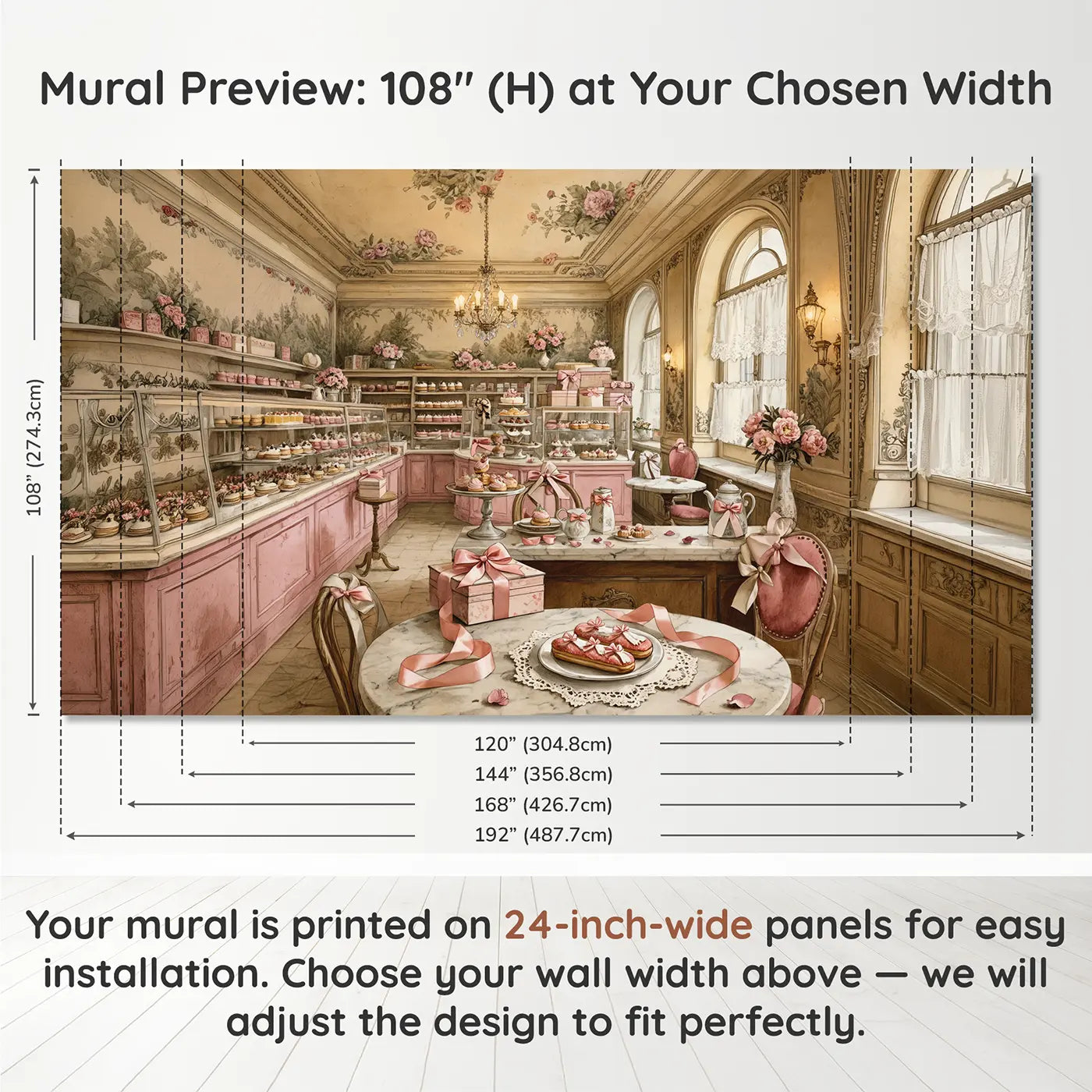 Panel layout and dimensions for Vintage Patisserie Bow Display Wallpaper Mural by Whimsy Tots