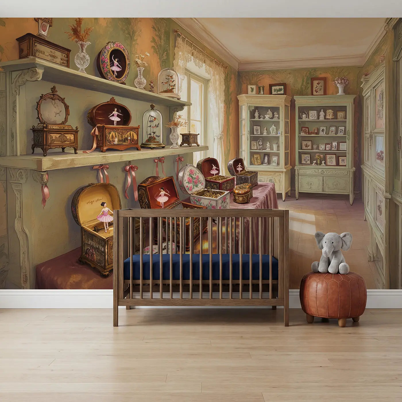 soft pastel antique music box collection mural for girls room by Whimsy Tots