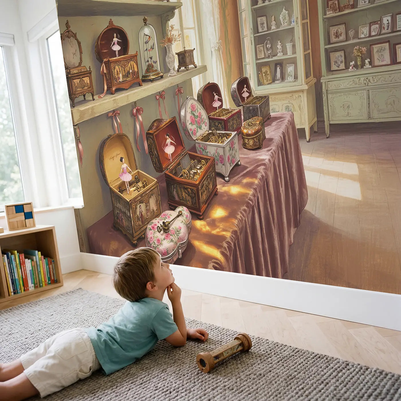 Child in nursery with Antique Music Box Collection Room Wallpaper Mural by Whimsy Tots