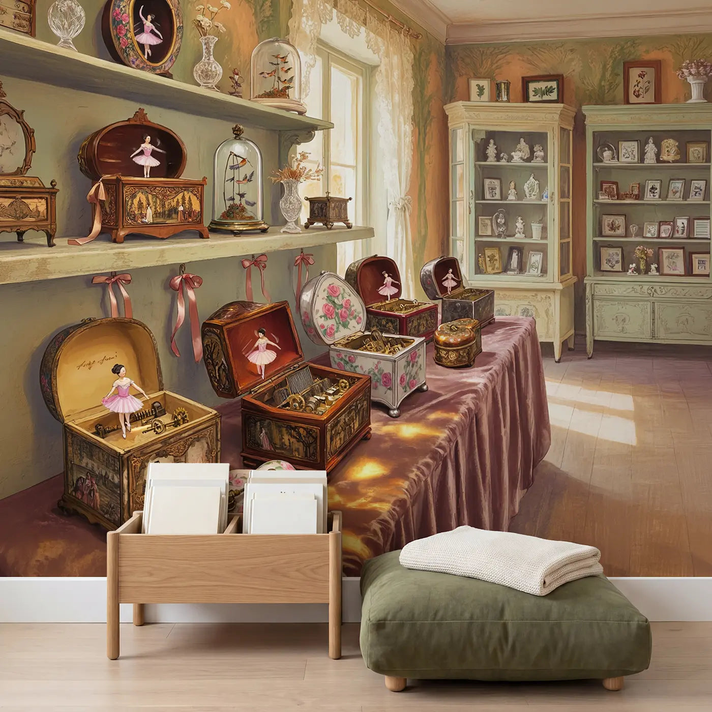 Antique Music Box Collection Room Wallpaper Mural in playroom setting by Whimsy Tots