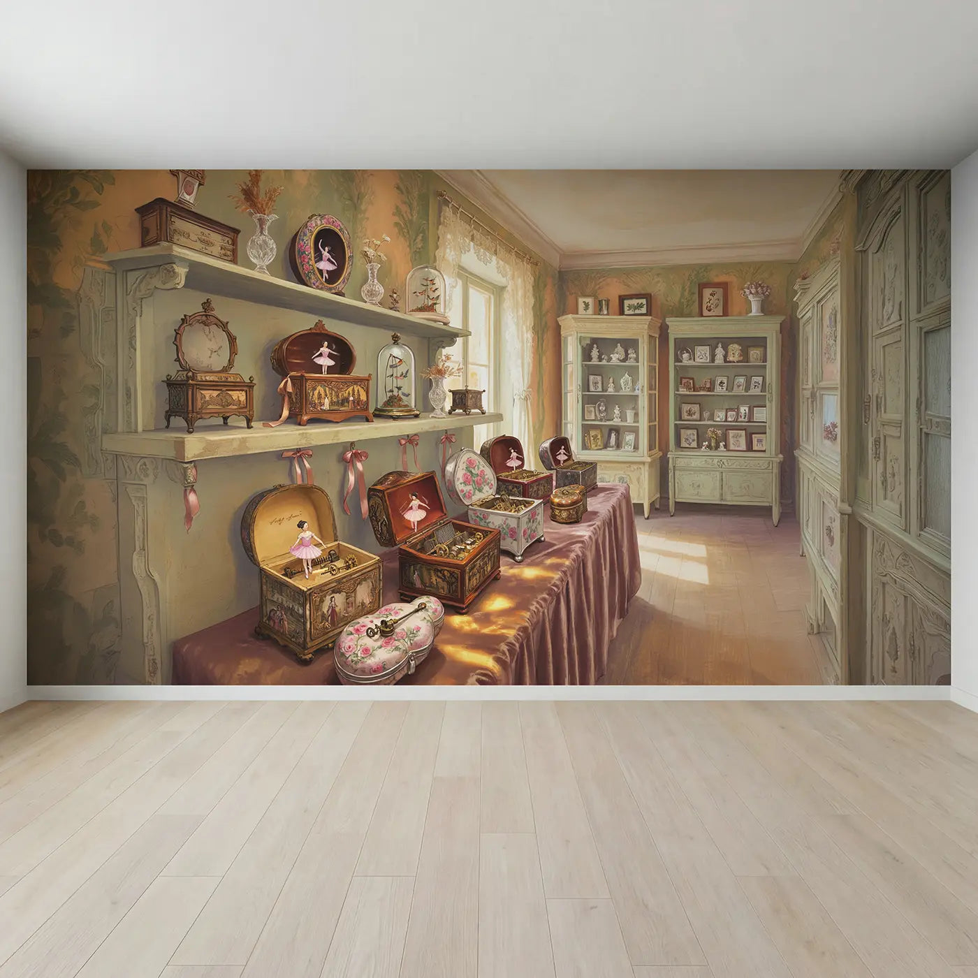 Full view of Antique Music Box Collection Room Wallpaper Mural by Whimsy Tots