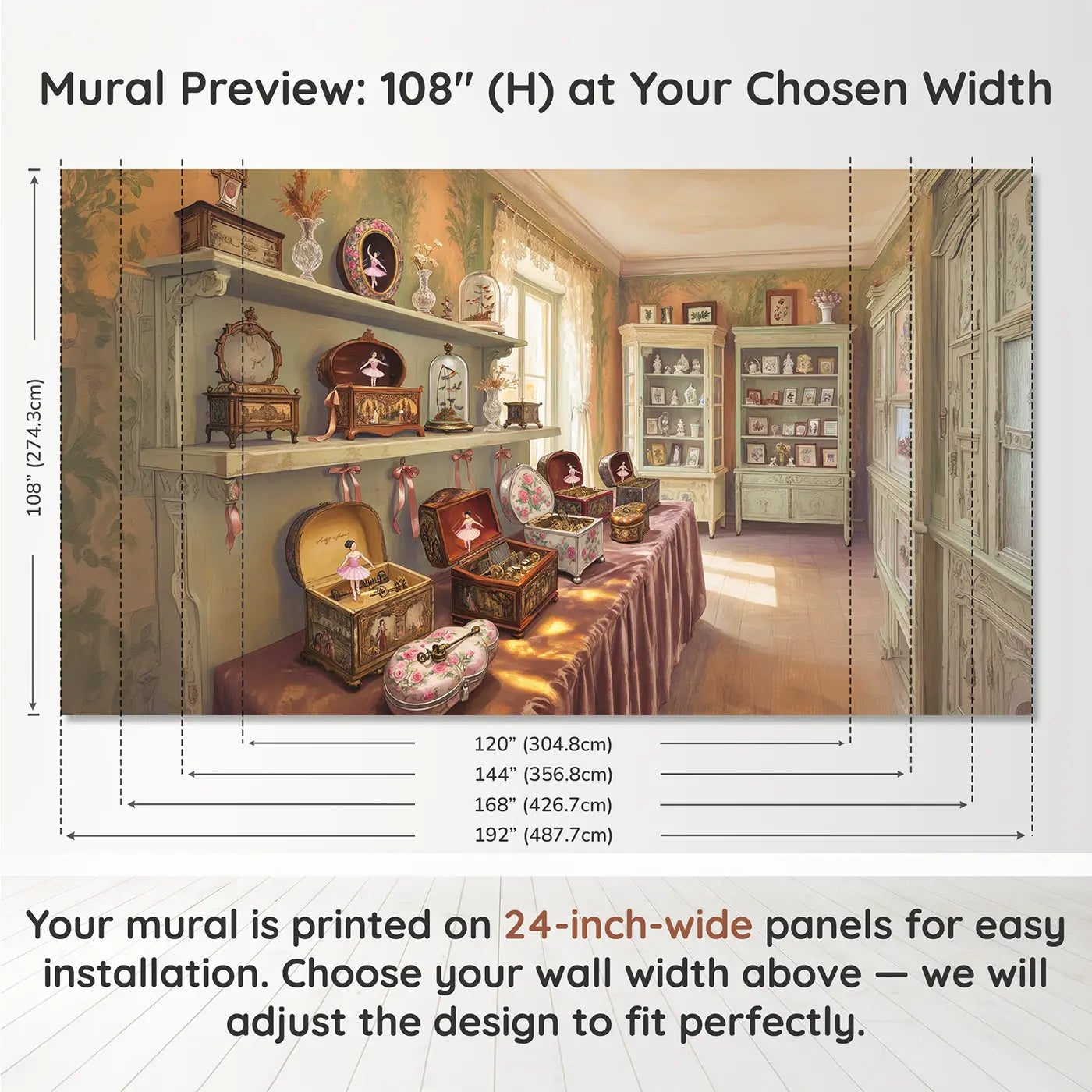 Panel layout and dimensions for Antique Music Box Collection Room Wallpaper Mural by Whimsy Tots