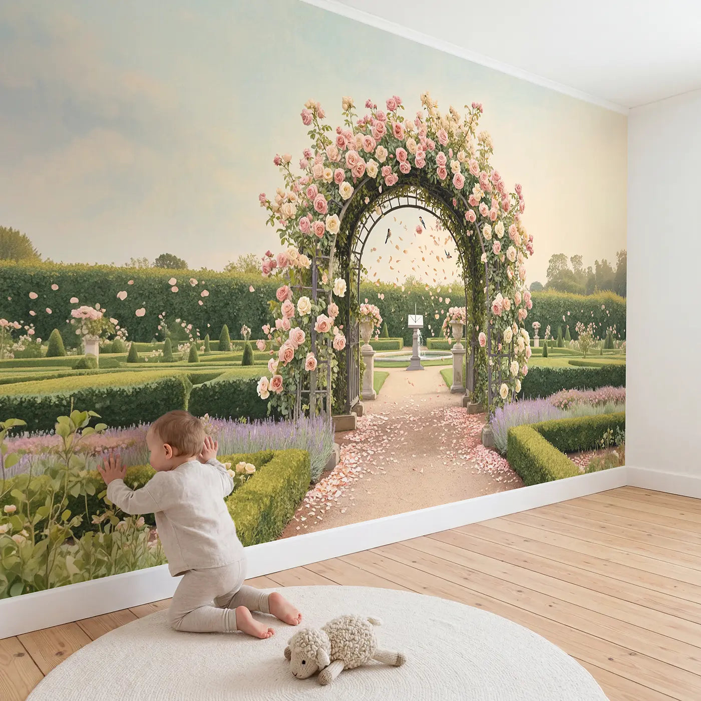 Child in nursery with Rose Trellis Garden Walk Wallpaper Mural by Whimsy Tots