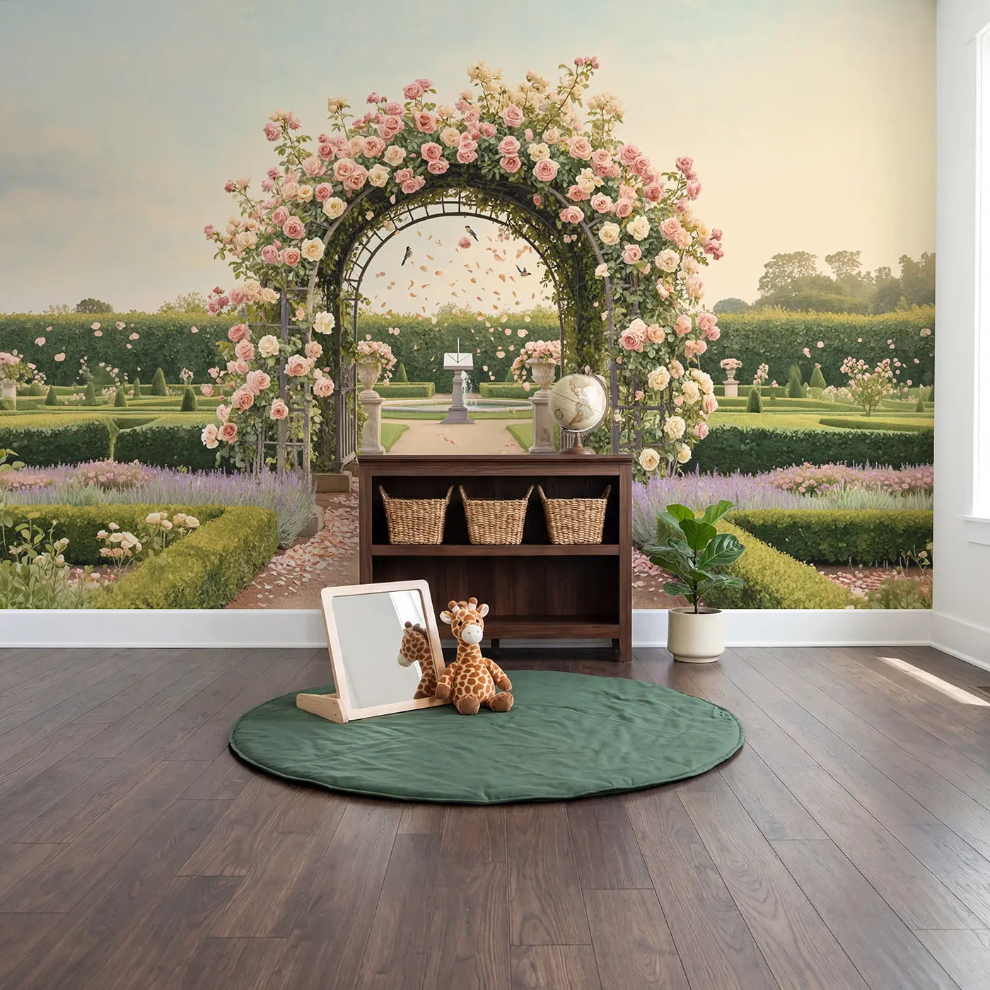 Rose Trellis Garden Walk Wallpaper Mural in playroom setting by Whimsy Tots