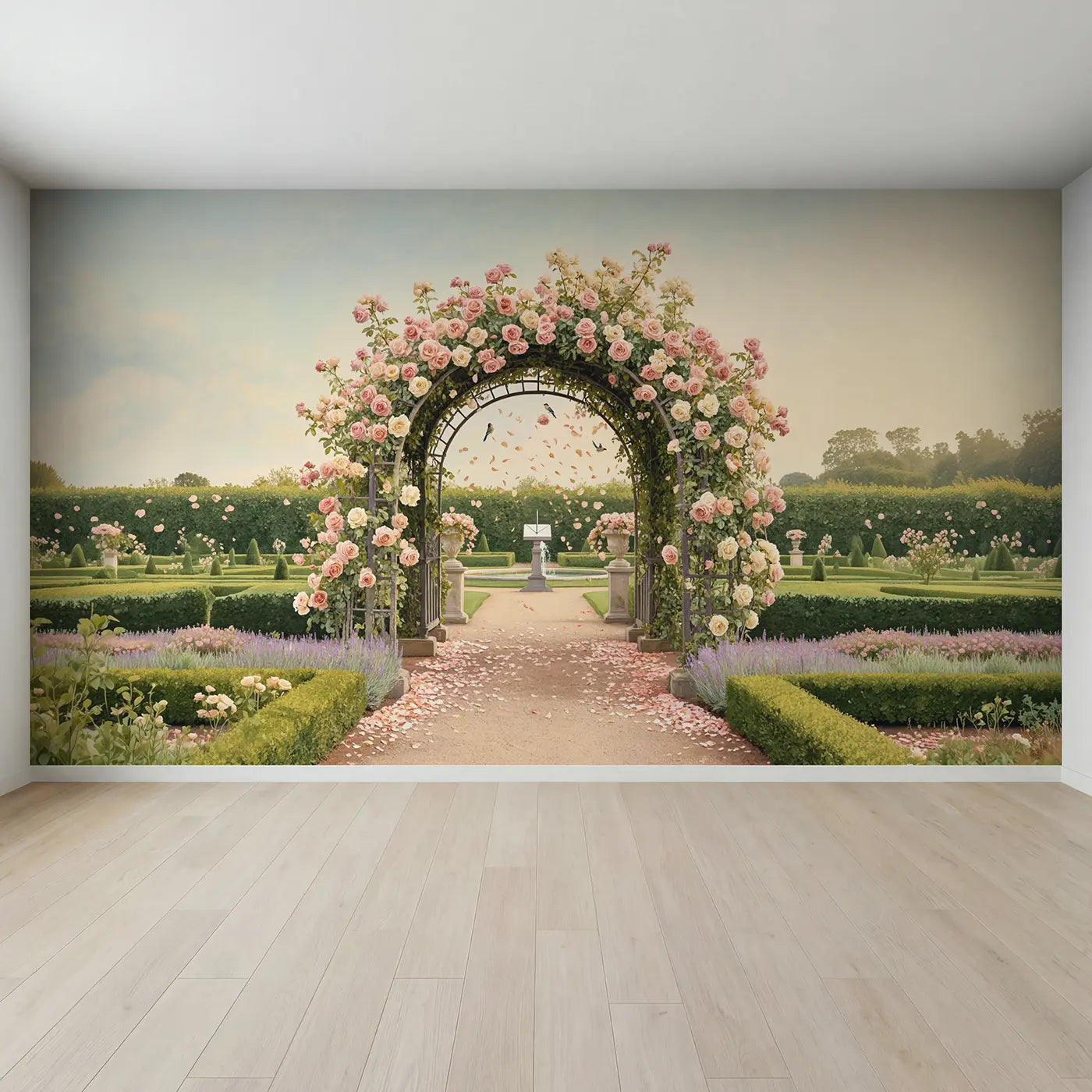 Full view of Rose Trellis Garden Walk Wallpaper Mural by Whimsy Tots