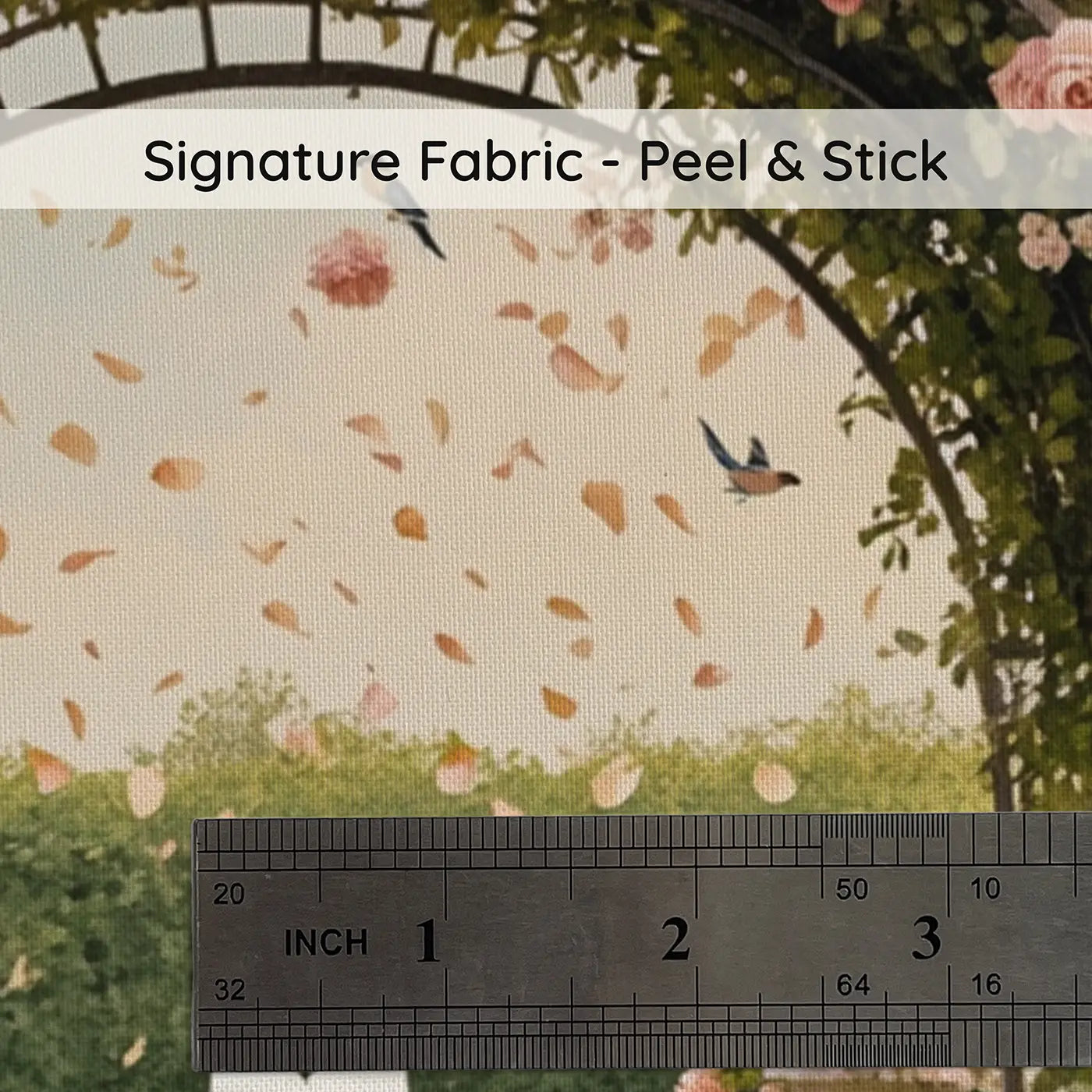 Fabric texture close-up of Rose Trellis Garden Walk Wallpaper Mural by Whimsy Tots