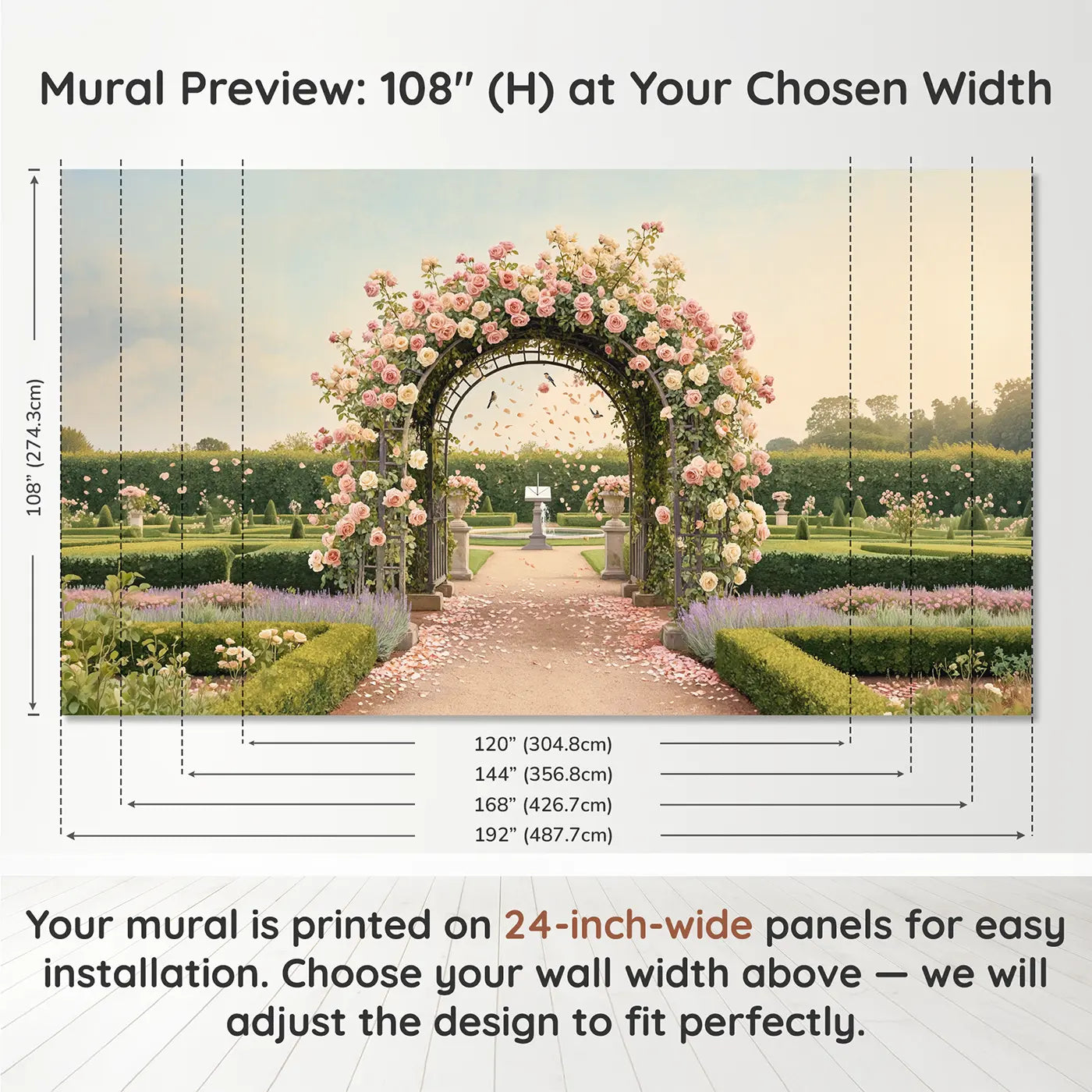 Panel layout and dimensions for Rose Trellis Garden Walk Wallpaper Mural by Whimsy Tots