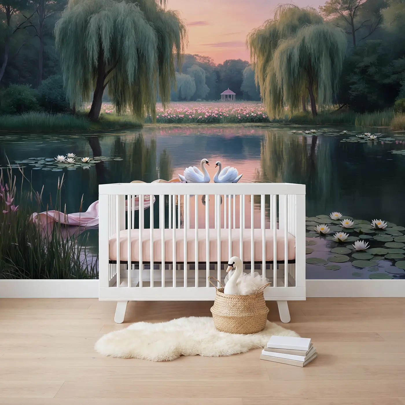 soft pastel swan lake ribbon dance wallpaper mural for girls room by Whimsy Tots