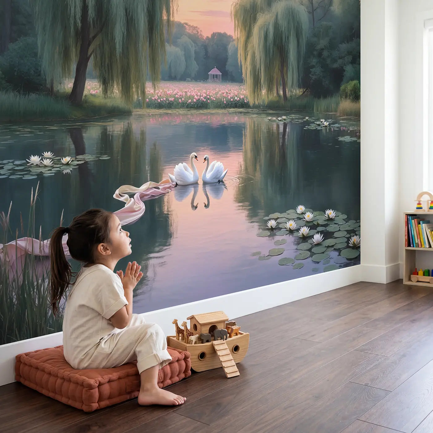 Child in nursery with Swan Lake Ribbon Dance Wallpaper Mural by Whimsy Tots