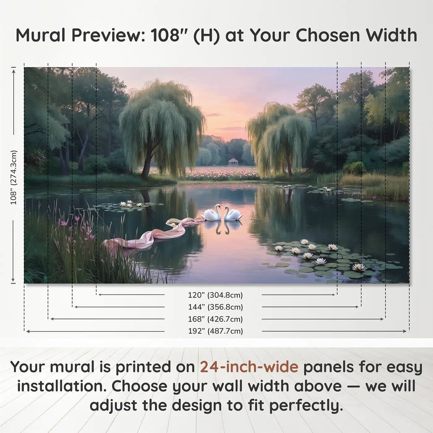 Panel layout and dimensions for Swan Lake Ribbon Dance Wallpaper Mural by Whimsy Tots