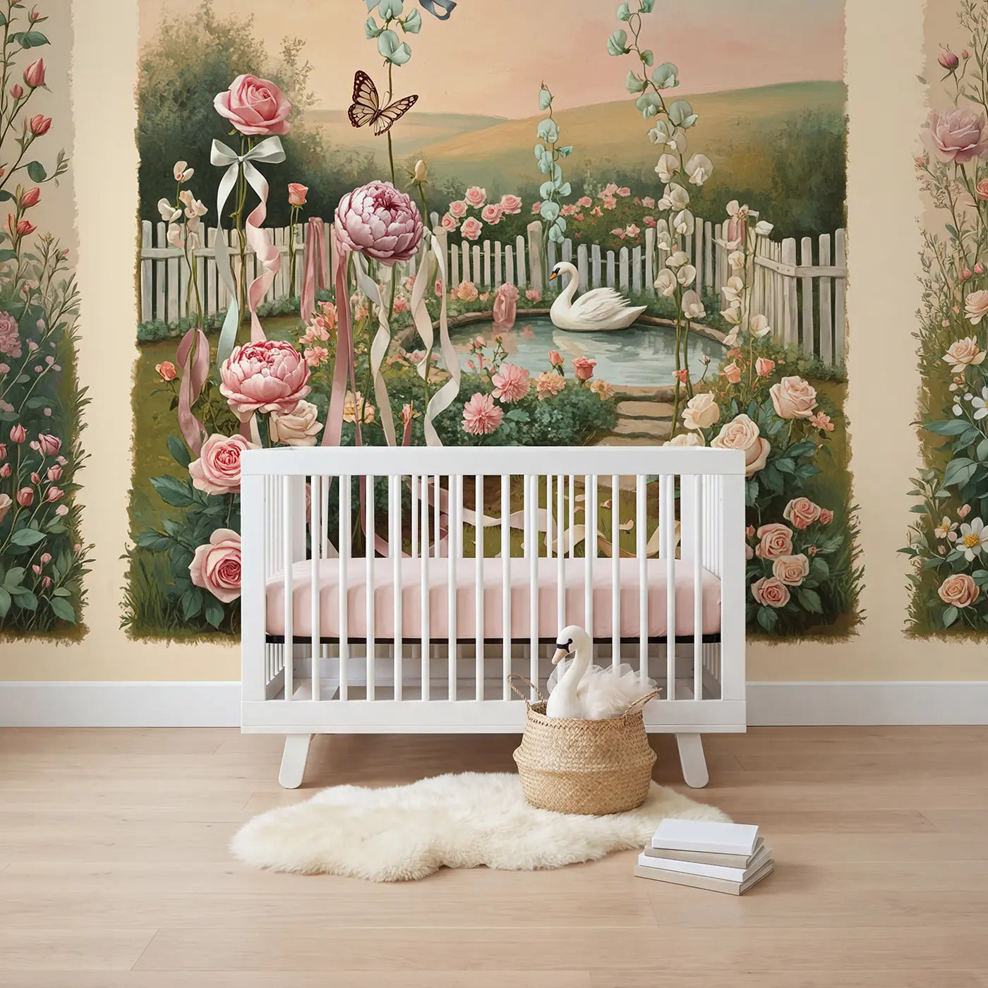 Soft pastel ribbon and bow feminine wallpaper mural for nursery by Whimsy Tots