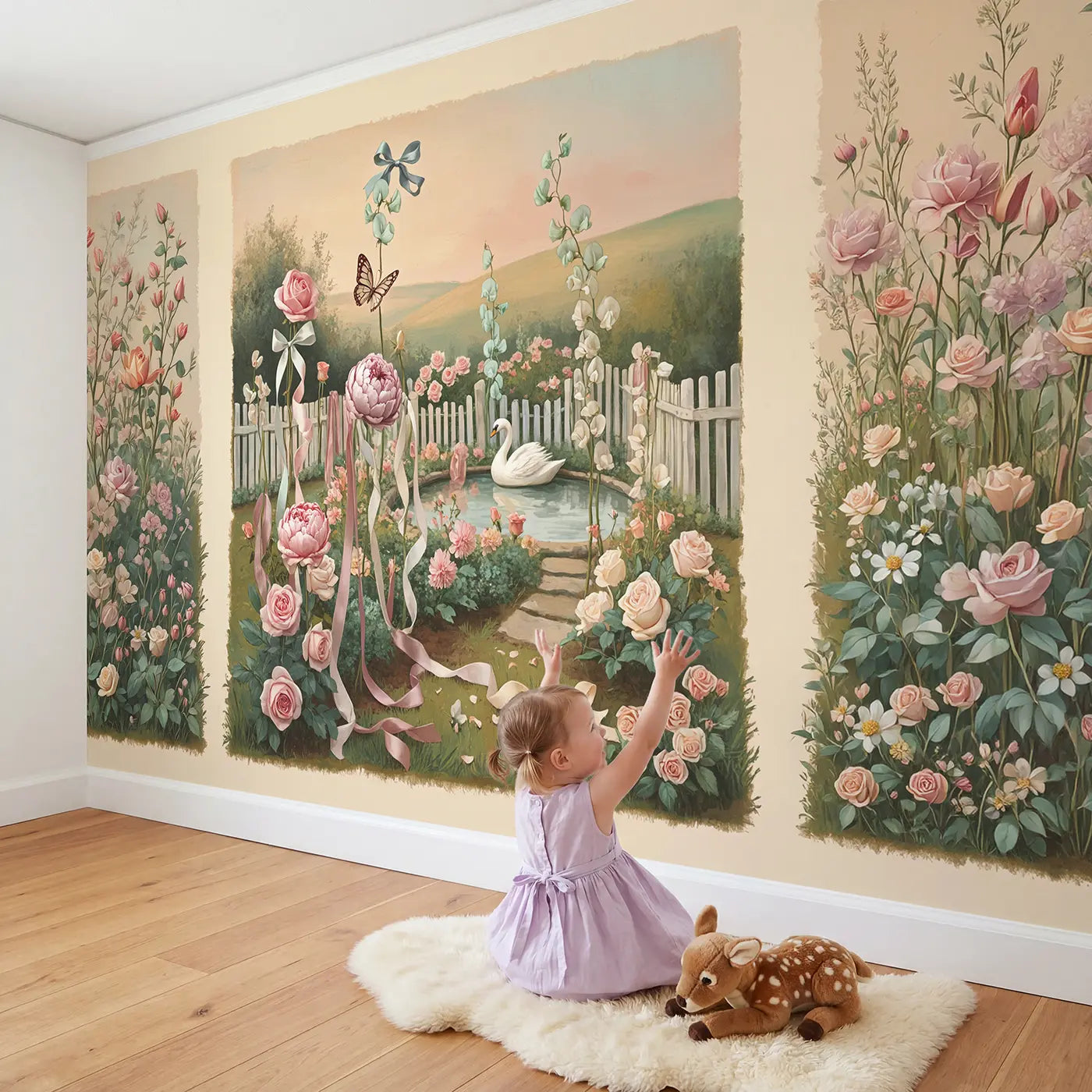 Child in nursery with Ribbon Bloom Garden Wallpaper Mural by Whimsy Tots