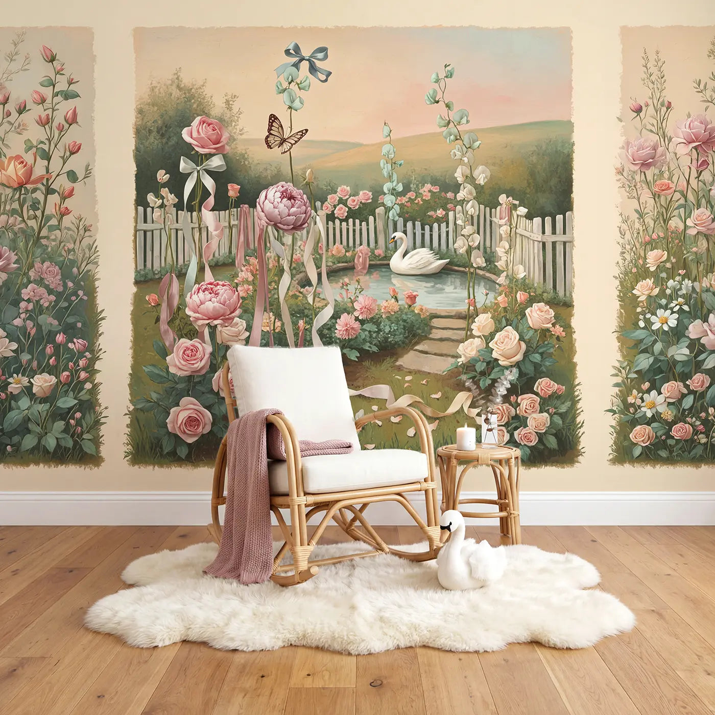 Ribbon Bloom Garden Wallpaper Mural in playroom setting by Whimsy Tots