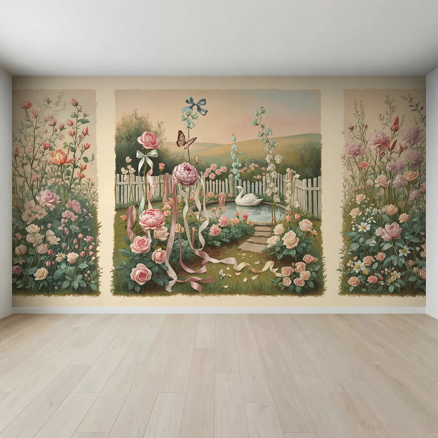 Full view of Ribbon Bloom Garden Wallpaper Mural by Whimsy Tots