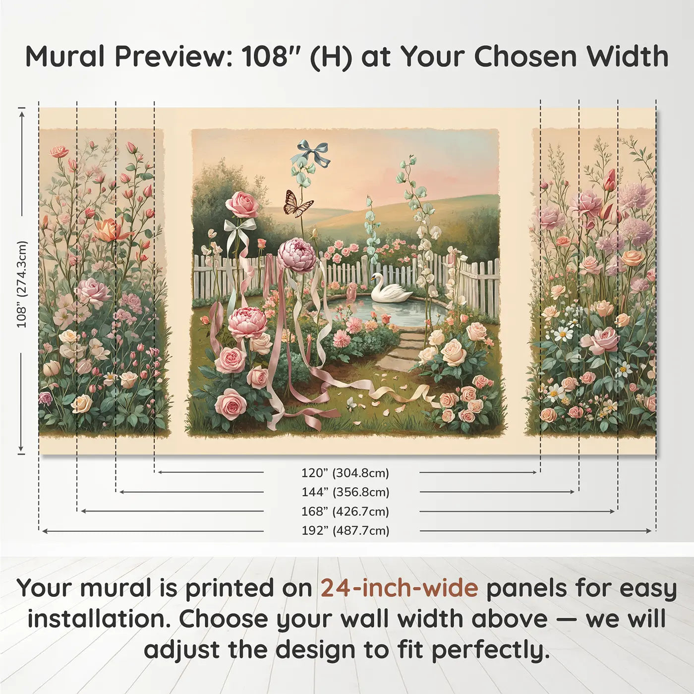 Panel layout and dimensions for Ribbon Bloom Garden Wallpaper Mural by Whimsy Tots