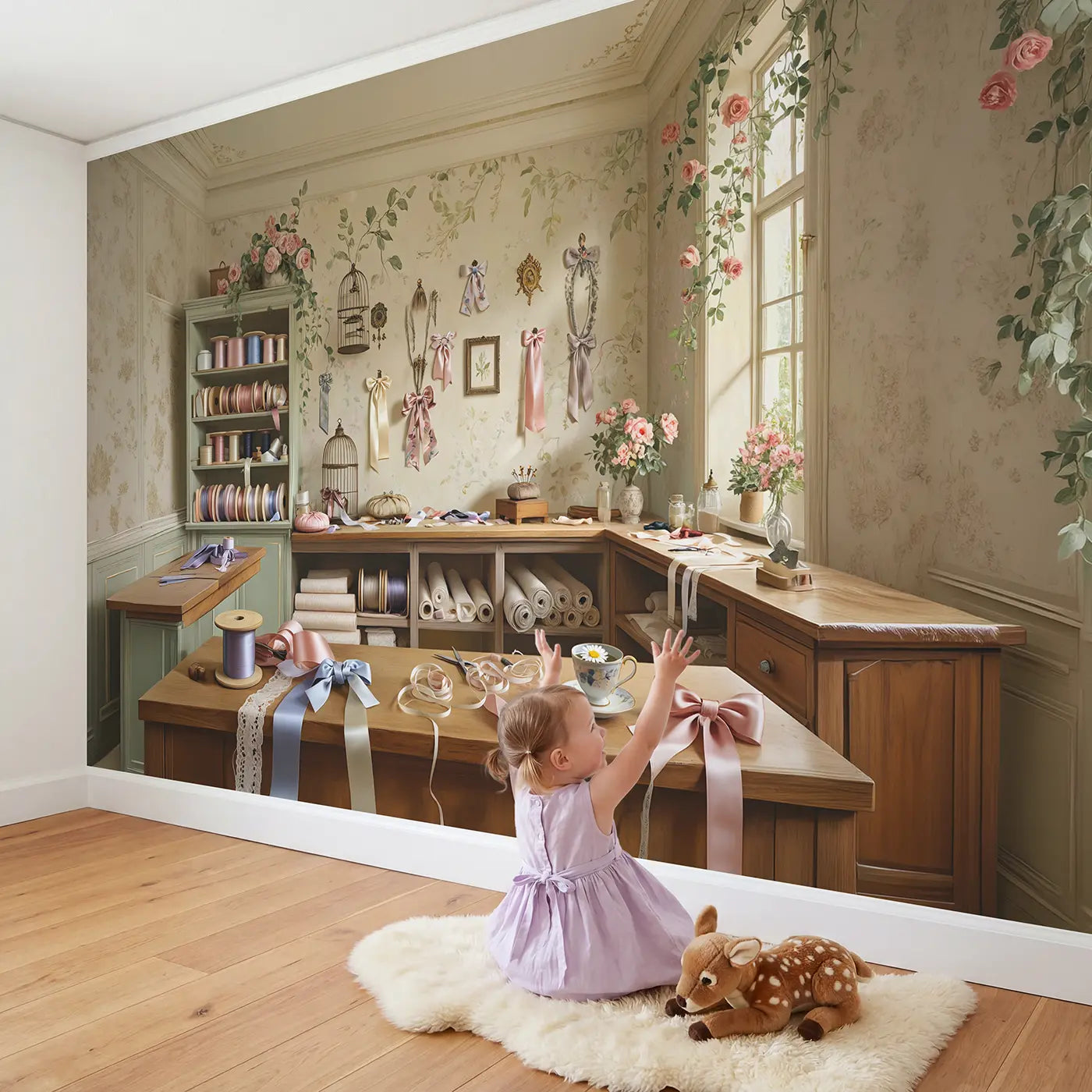 Child in nursery with Ribbon Workshop Craft Scene Wallpaper Mural by Whimsy Tots