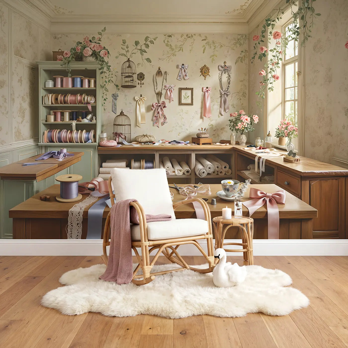 Ribbon Workshop Craft Scene Wallpaper Mural in playroom setting by Whimsy Tots