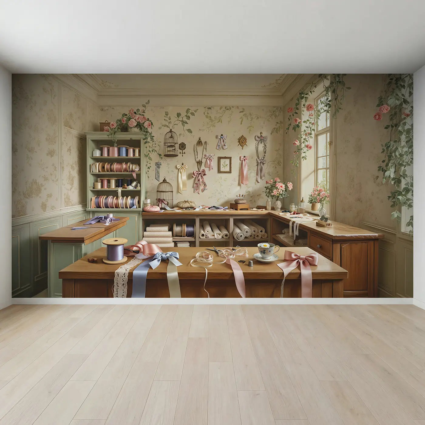Full view of Ribbon Workshop Craft Scene Wallpaper Mural by Whimsy Tots