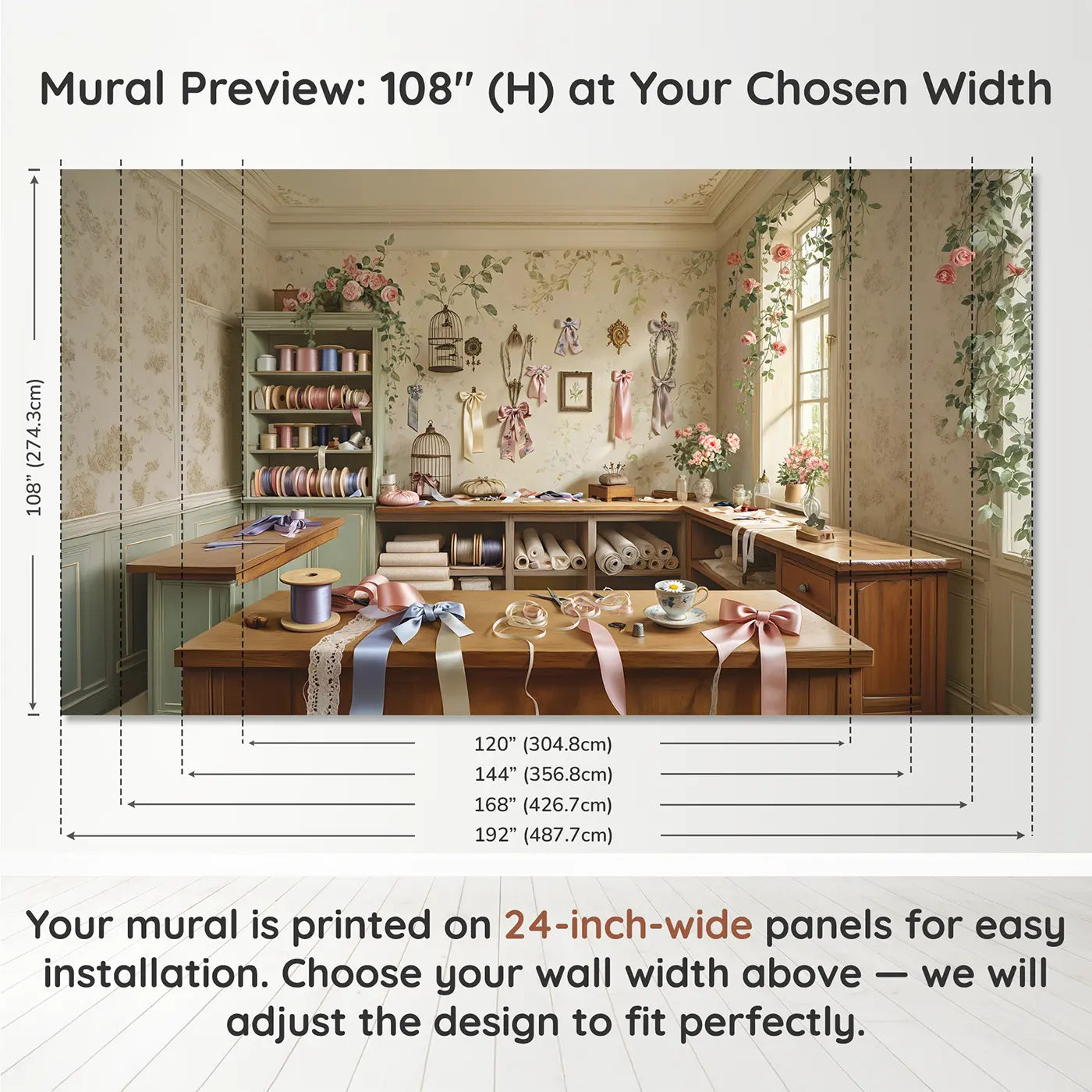 Panel layout and dimensions for Ribbon Workshop Craft Scene Wallpaper Mural by Whimsy Tots