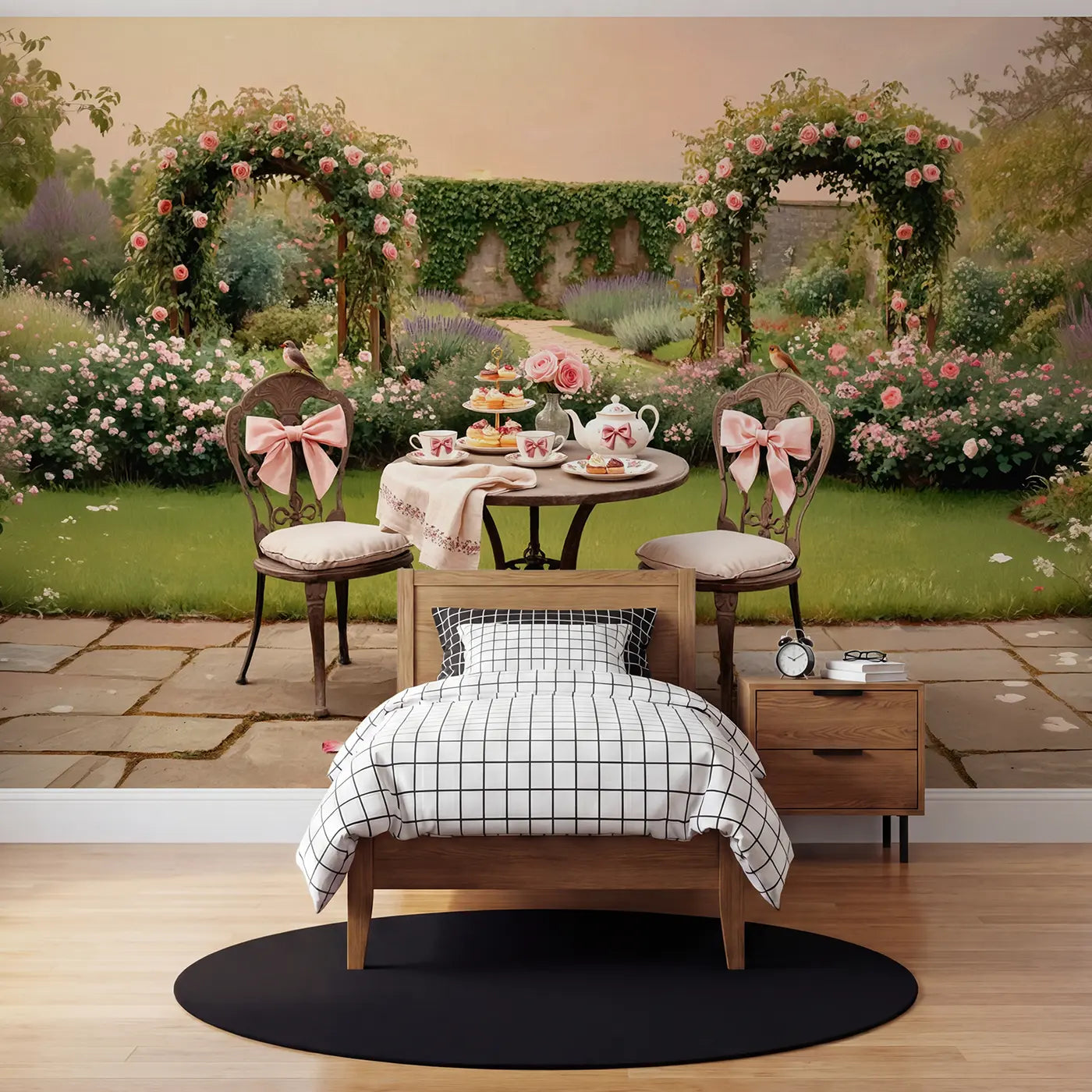 Soft pastel garden tea party bows roses wallpaper mural for kids room by Whimsy Tots