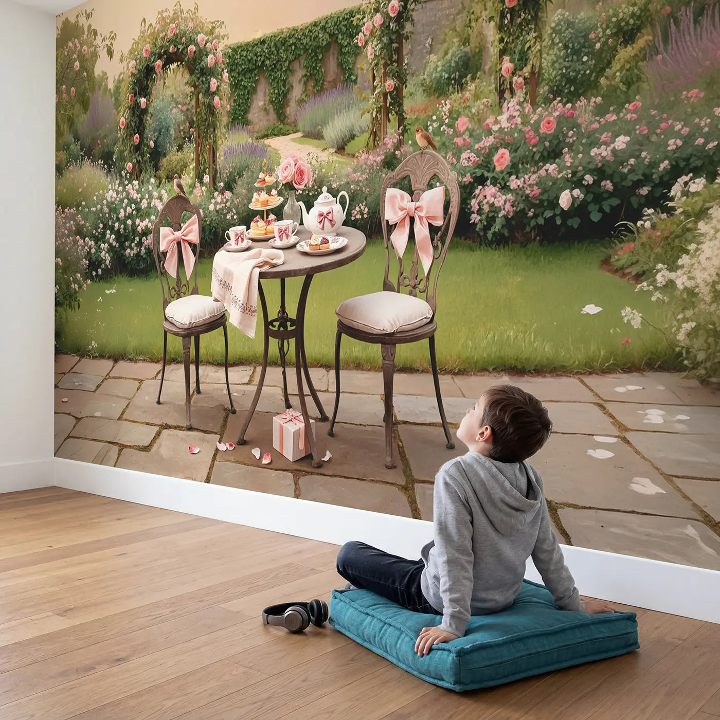Child in nursery with Garden Tea Party Bow Porcelain Wallpaper Mural by Whimsy Tots