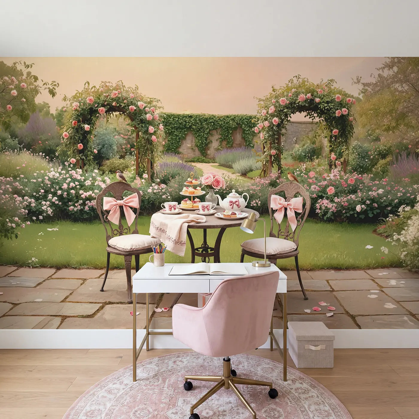 Garden Tea Party Bow Porcelain Wallpaper Mural in playroom setting by Whimsy Tots