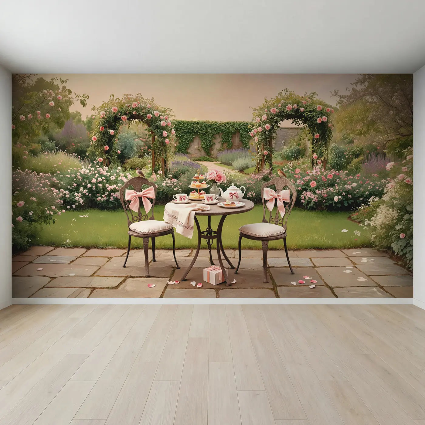 Full view of Garden Tea Party Bow Porcelain Wallpaper Mural by Whimsy Tots