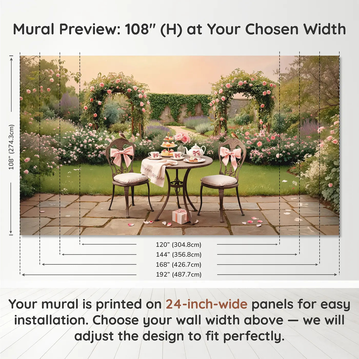 Panel layout and dimensions for Garden Tea Party Bow Porcelain Wallpaper Mural by Whimsy Tots