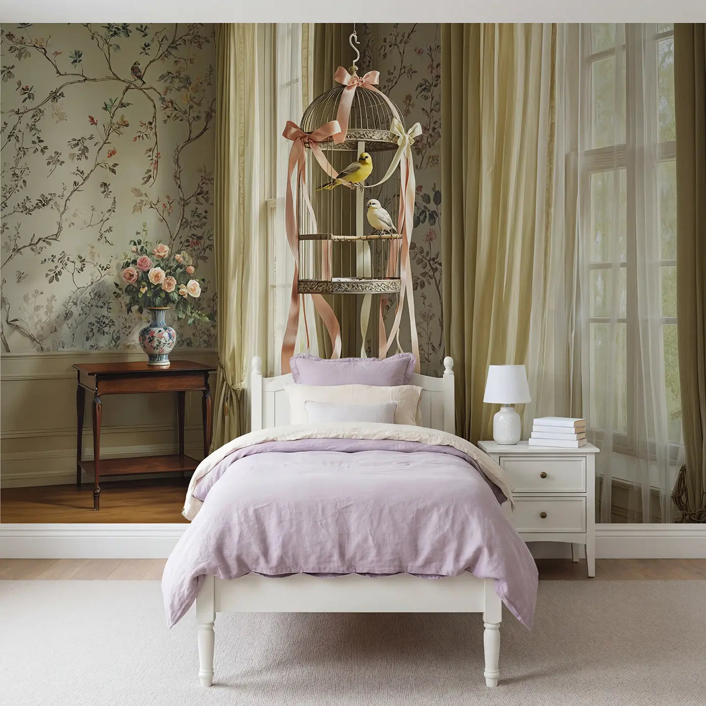 Botanical elegance bow coquette wallpaper mural for kids room by Whimsy Tots