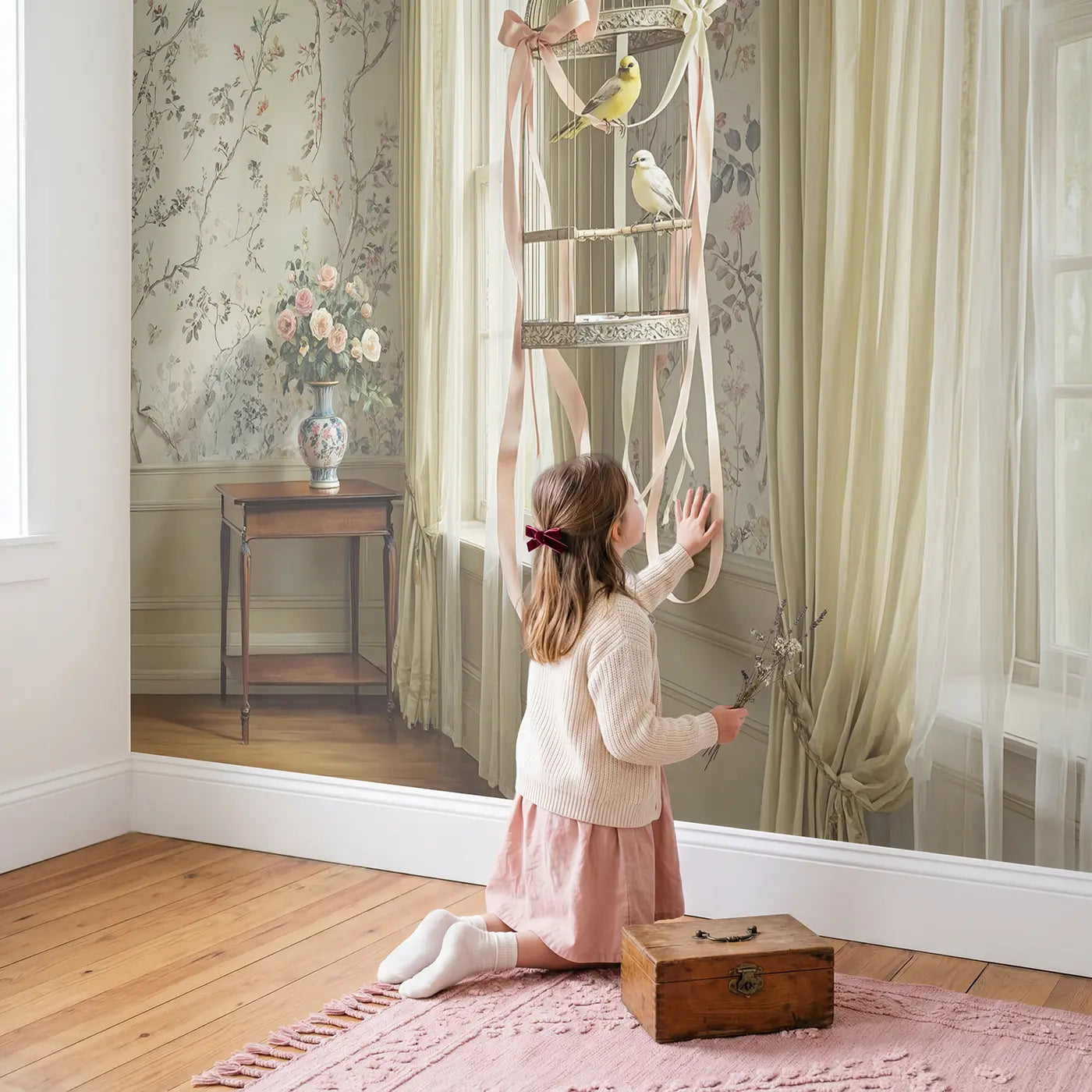 Child in nursery with Canary Birdcage Parlor Wallpaper Mural by Whimsy Tots