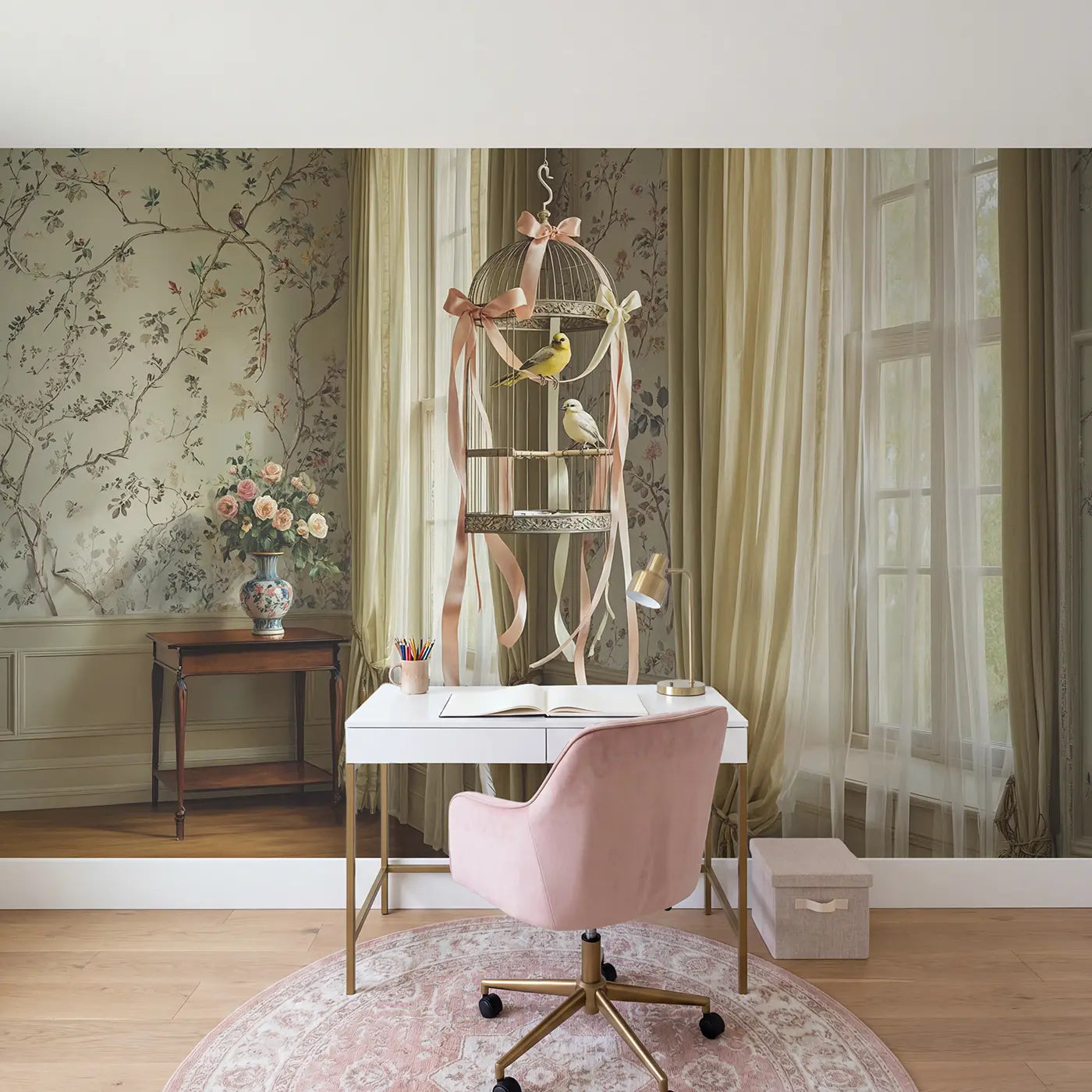 Canary Birdcage Parlor Wallpaper Mural in playroom setting by Whimsy Tots