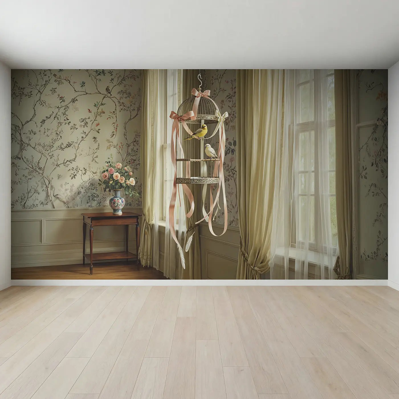 Full view of Canary Birdcage Parlor Wallpaper Mural by Whimsy Tots