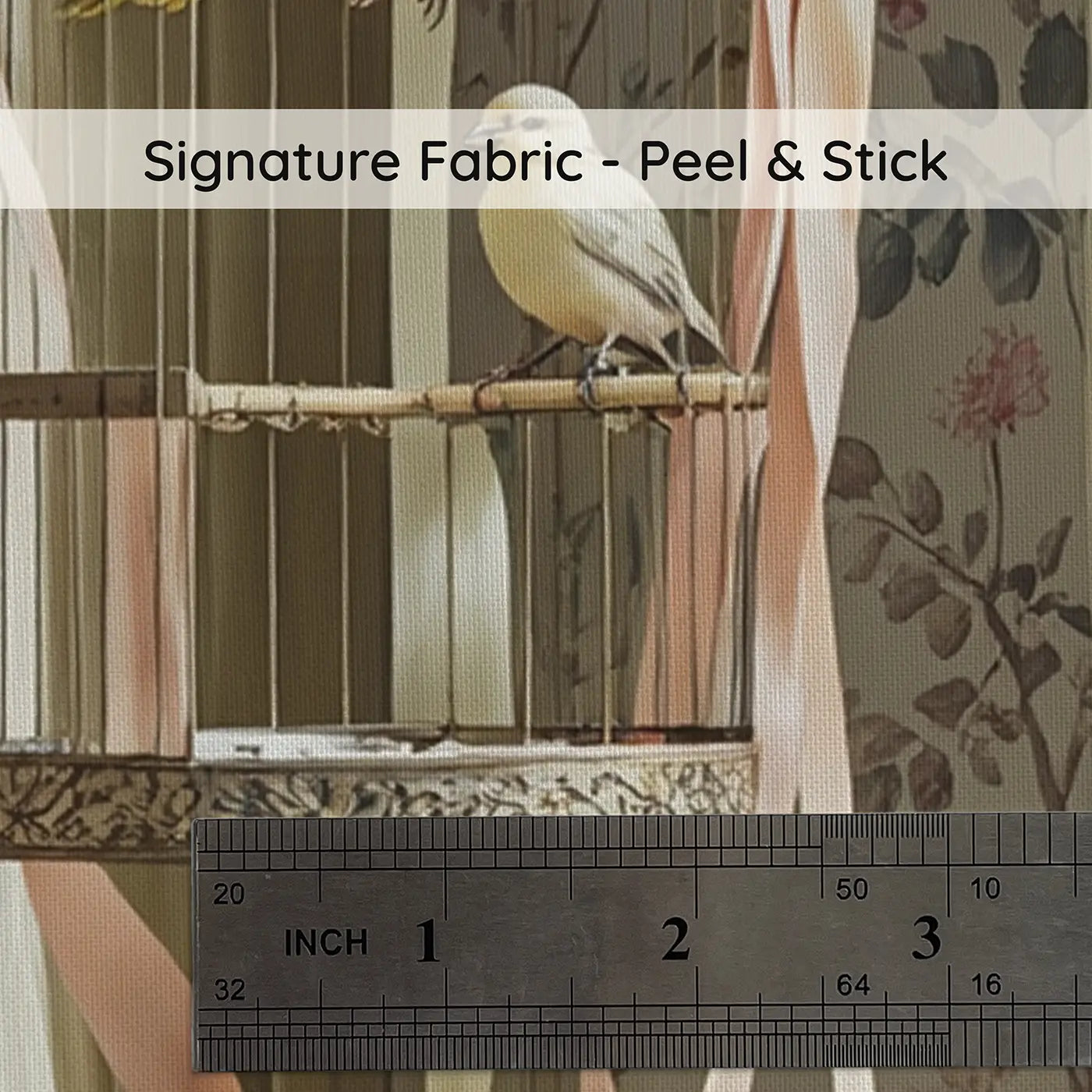 Fabric texture close-up of Canary Birdcage Parlor Wallpaper Mural by Whimsy Tots