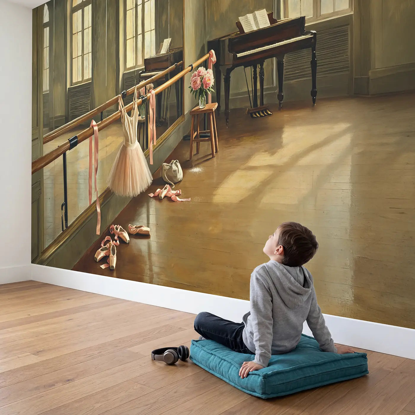Child in nursery with Ballet Studio Afternoon Wallpaper Mural by Whimsy Tots