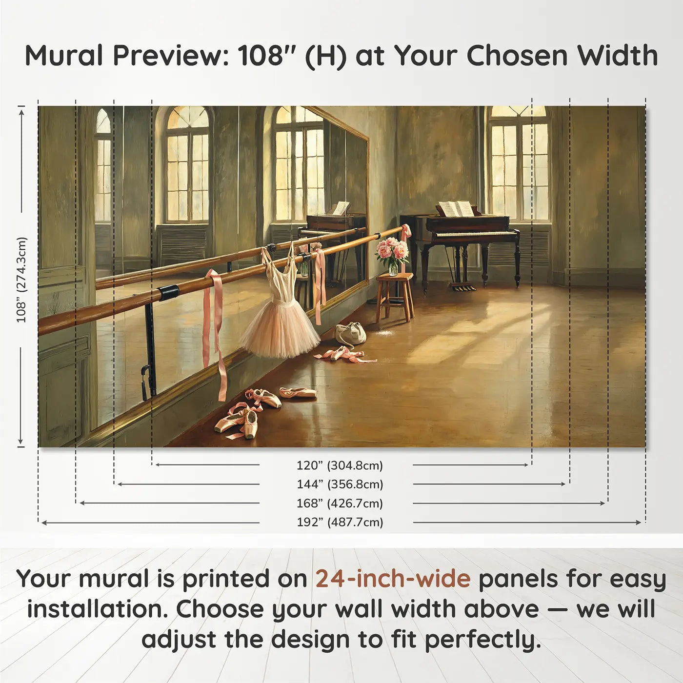 Panel layout and dimensions for Ballet Studio Afternoon Wallpaper Mural by Whimsy Tots