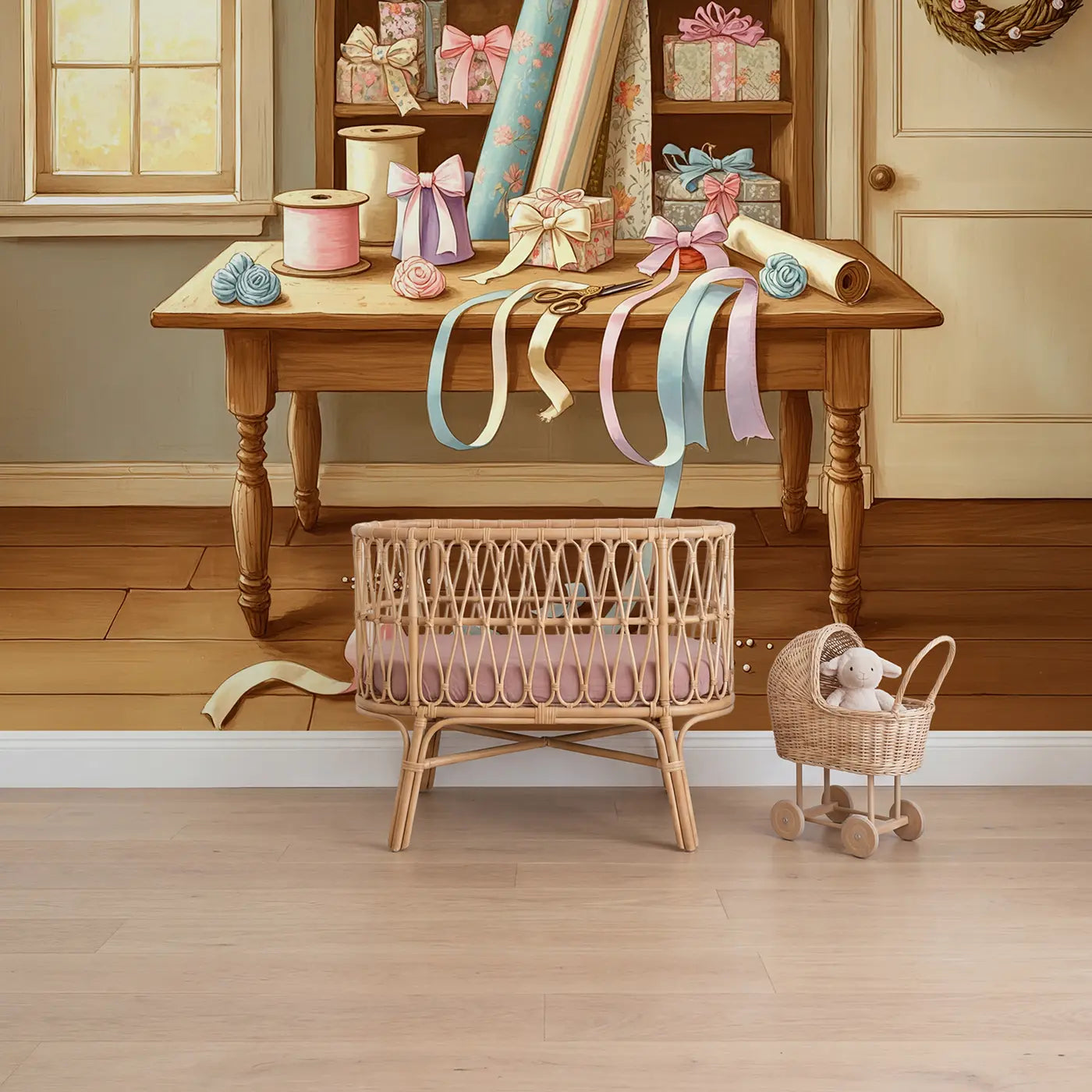 Block print ribbon bow workshop wallpaper mural for girls nursery by Whimsy Tots