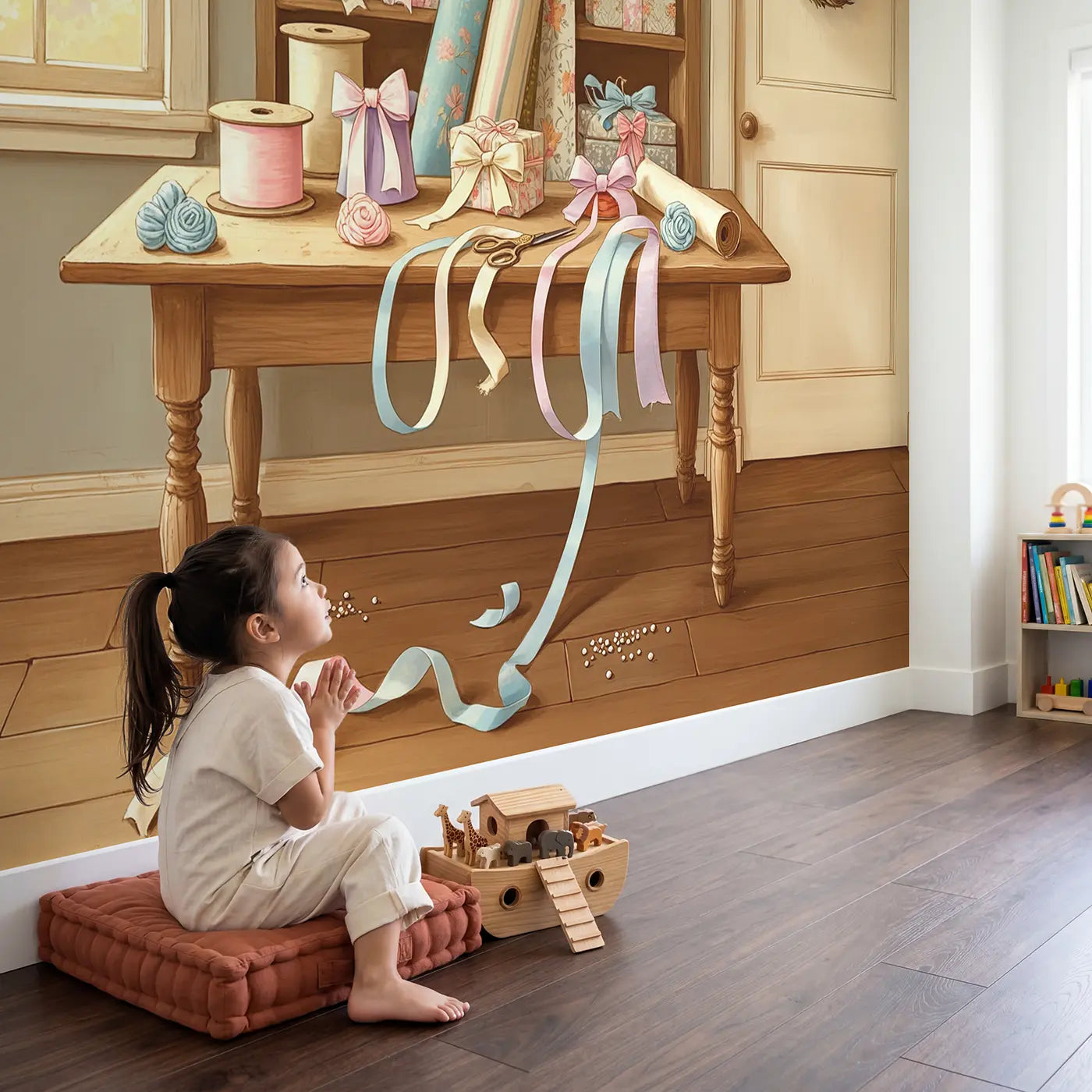 Child in nursery with Ribbon and Bow Workshop Wallpaper Mural by Whimsy Tots