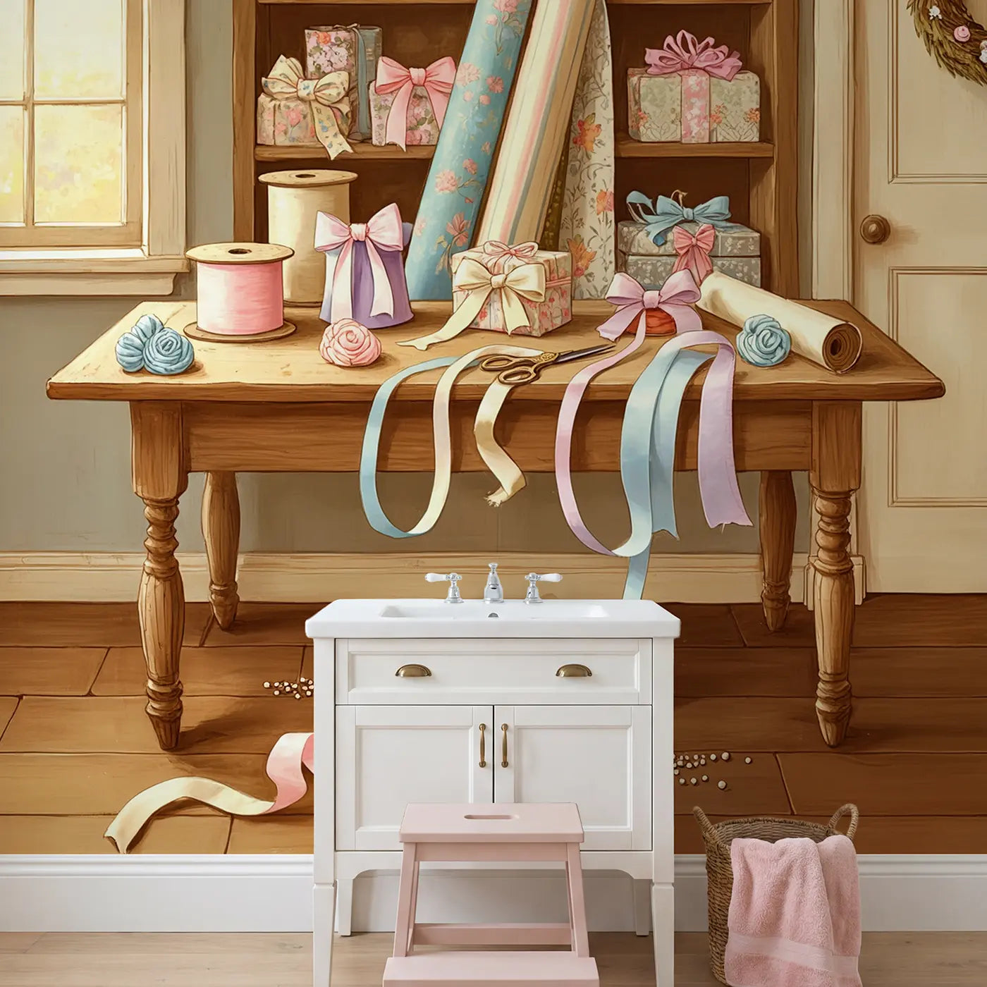 Ribbon and Bow Workshop Wallpaper Mural in playroom setting by Whimsy Tots