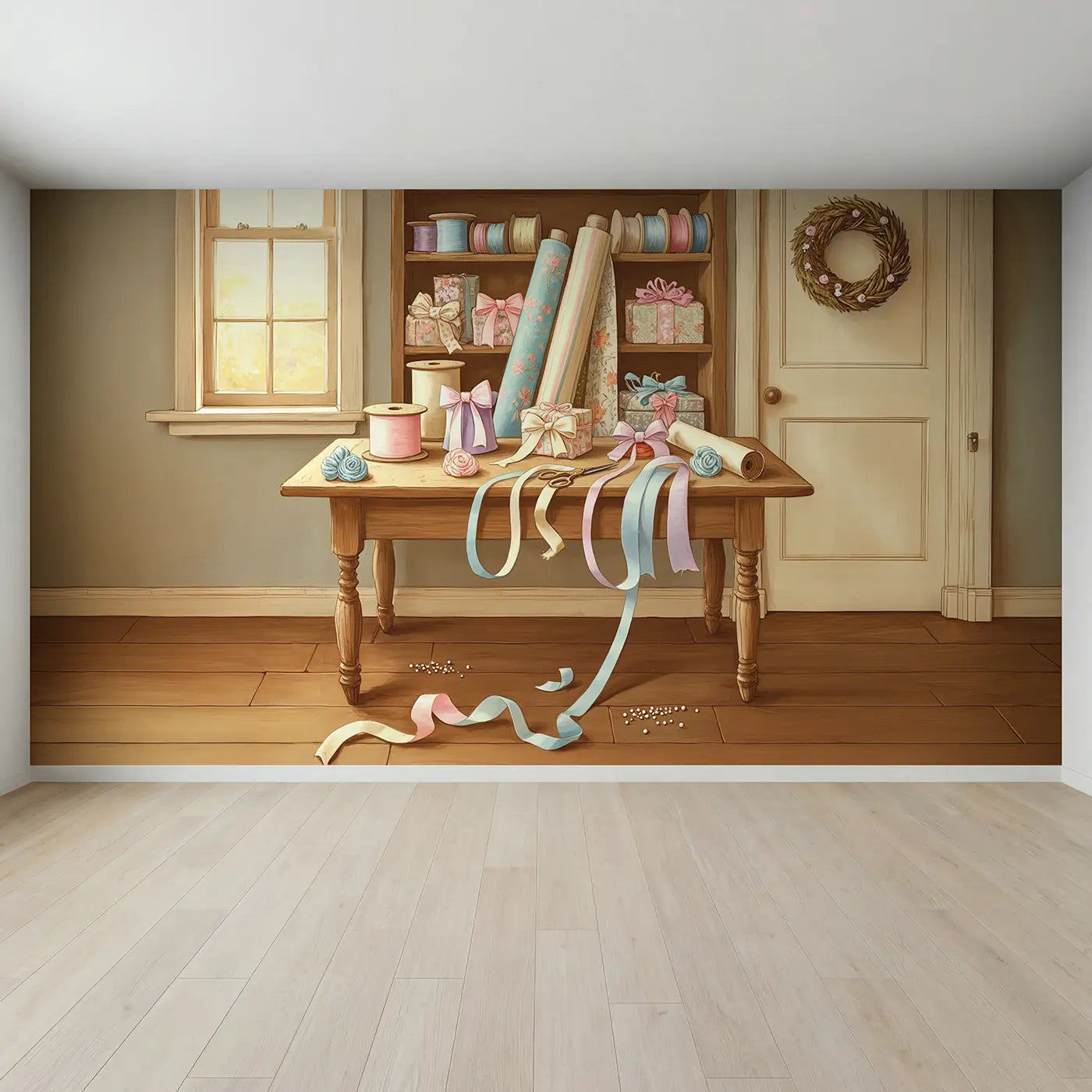 Full view of Ribbon and Bow Workshop Wallpaper Mural by Whimsy Tots
