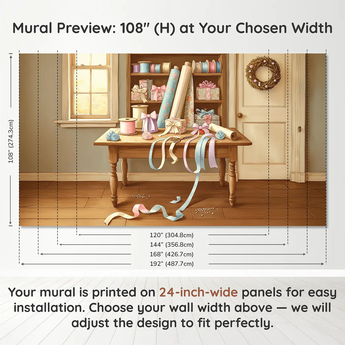 Panel layout and dimensions for Ribbon and Bow Workshop Wallpaper Mural by Whimsy Tots