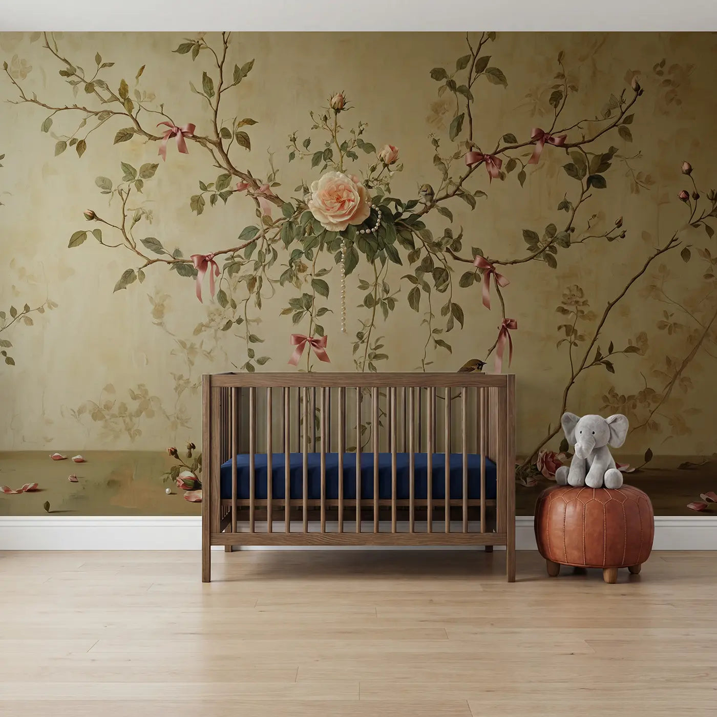 Botanical elegance pearl and rose feminine wallpaper mural for nursery by Whimsy Tots