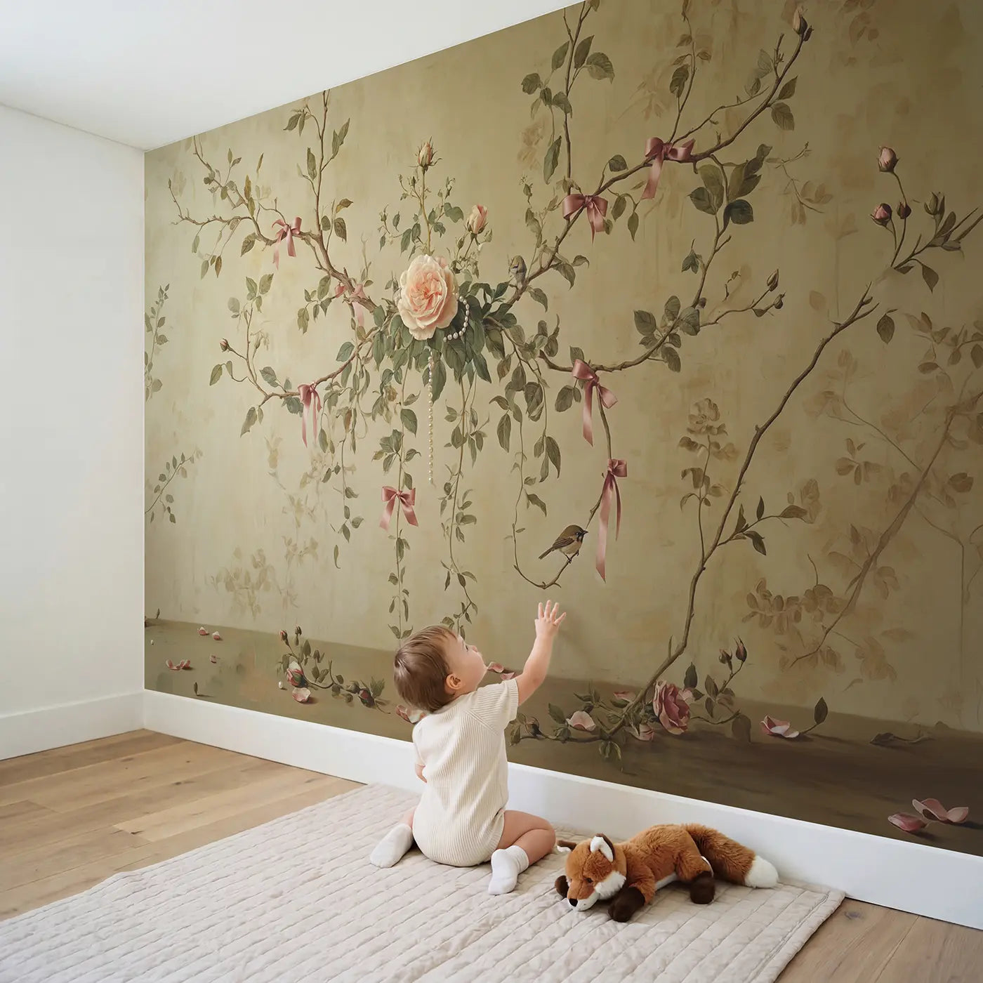 Child in nursery with Pearl and Rose Chinoiserie Wallpaper Mural by Whimsy Tots