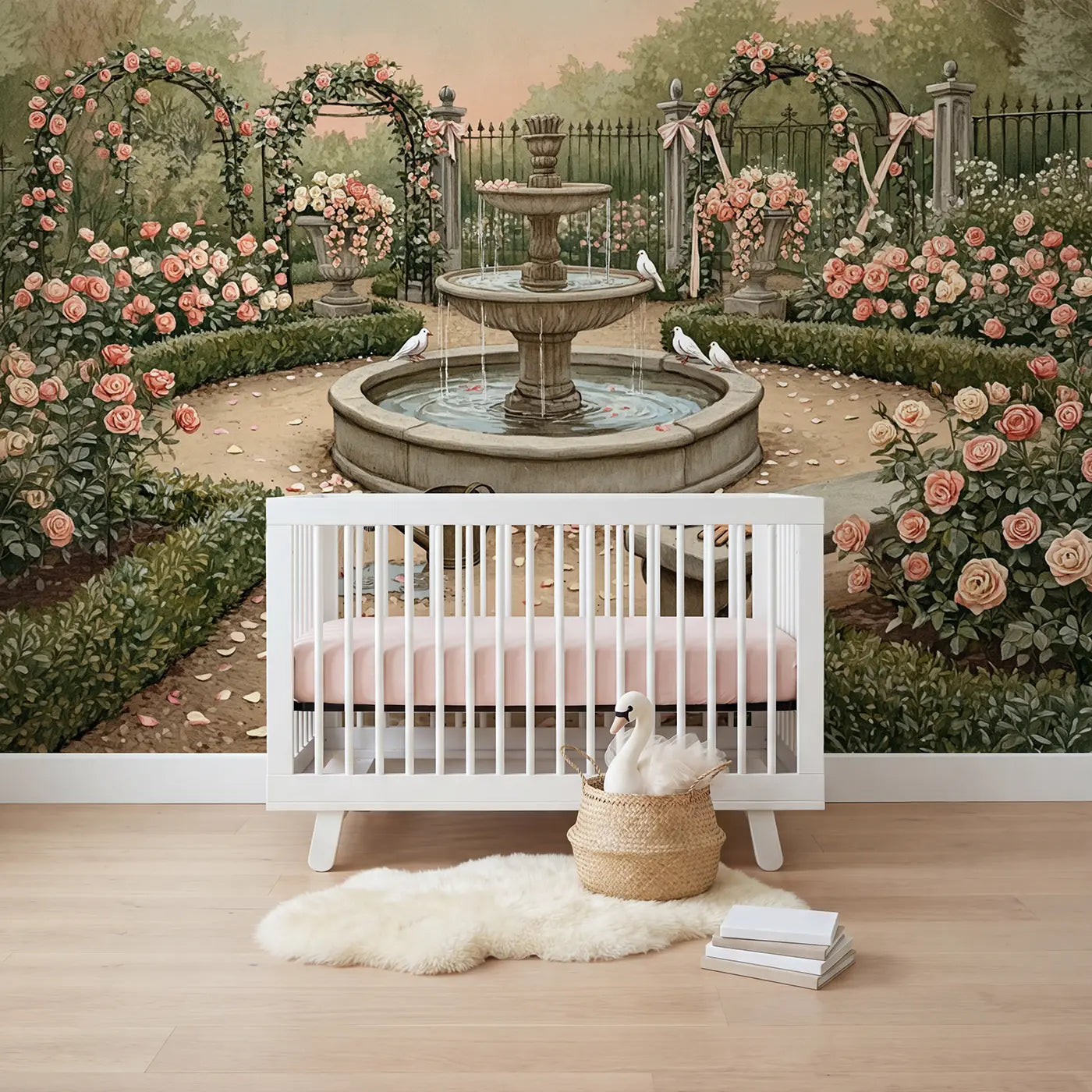Storybook rose and vanity wallpaper mural for girls room by Whimsy Tots