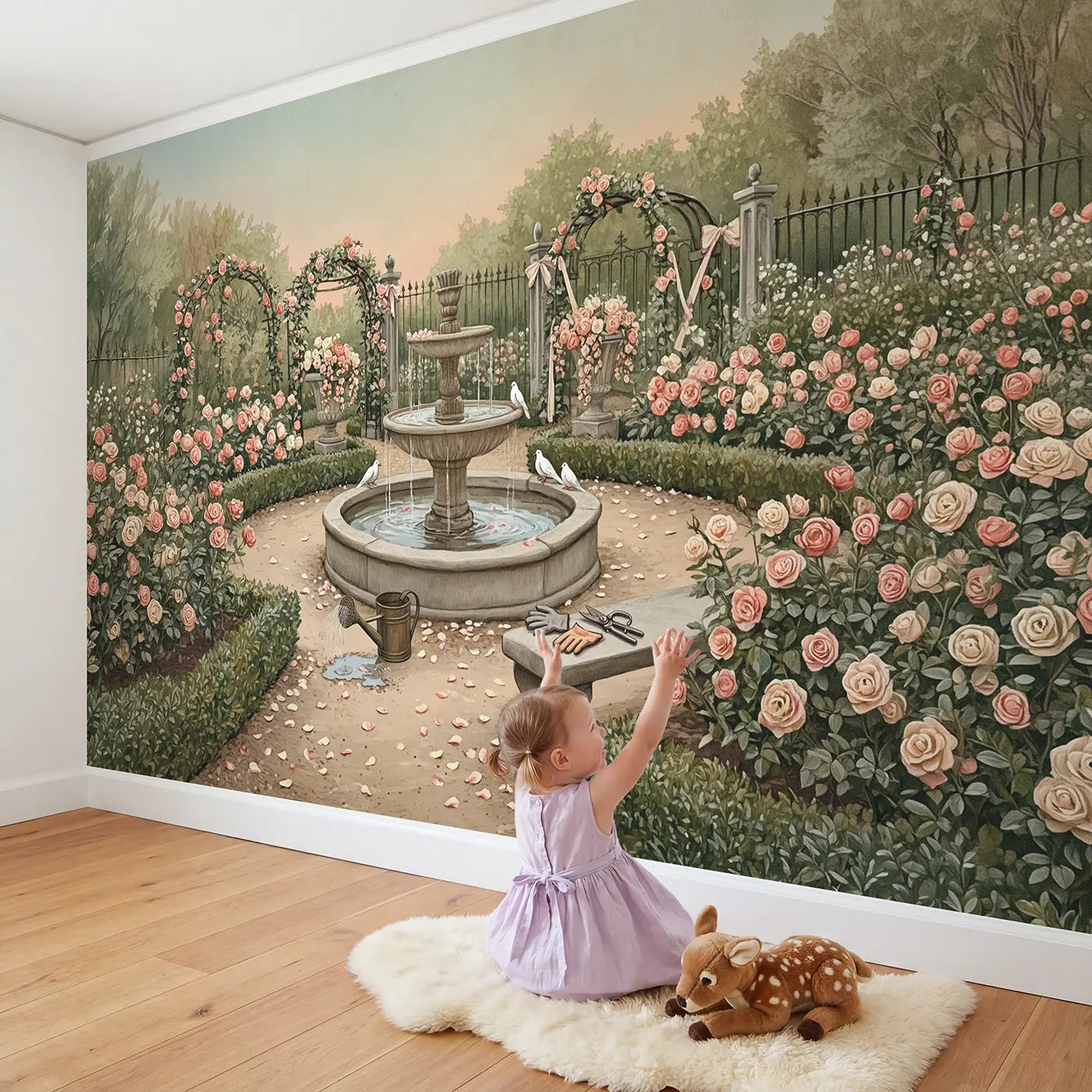Child in nursery with Perfume Rose Garden Fountain Wallpaper Mural by Whimsy Tots