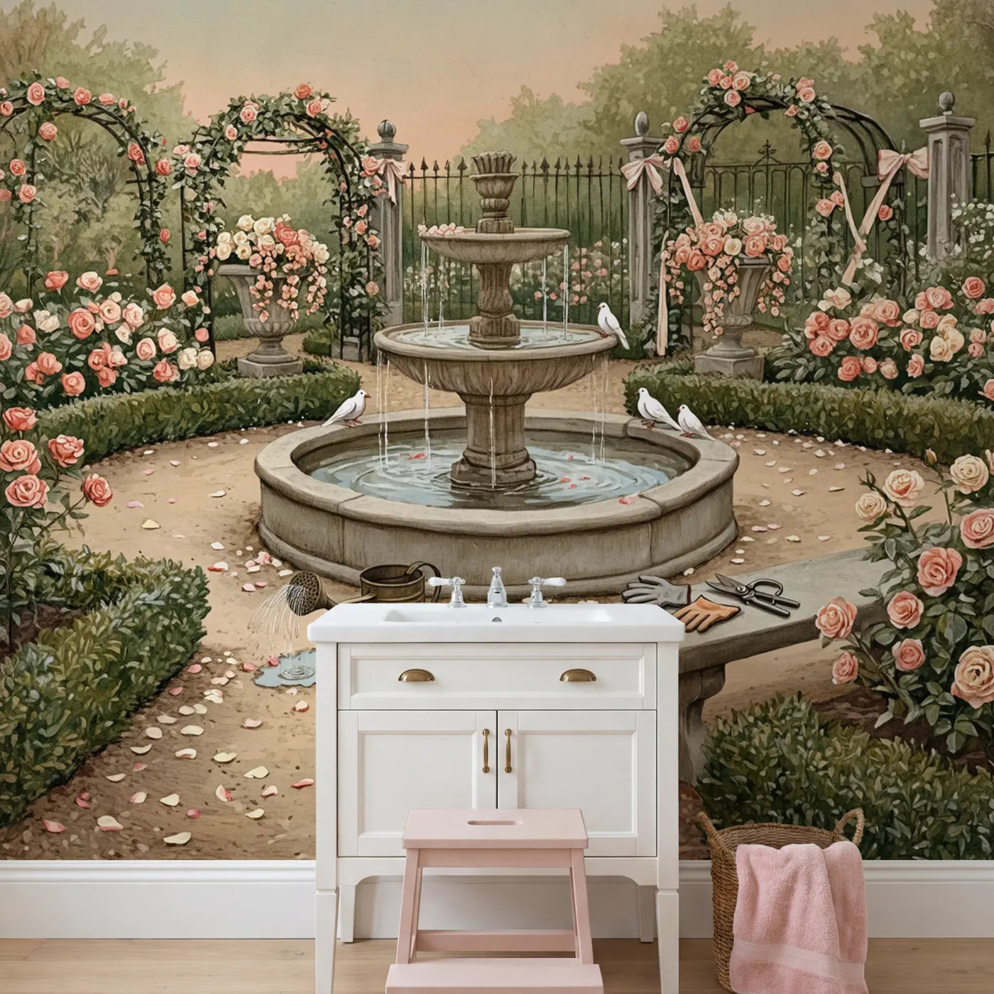 Perfume Rose Garden Fountain Wallpaper Mural in playroom setting by Whimsy Tots