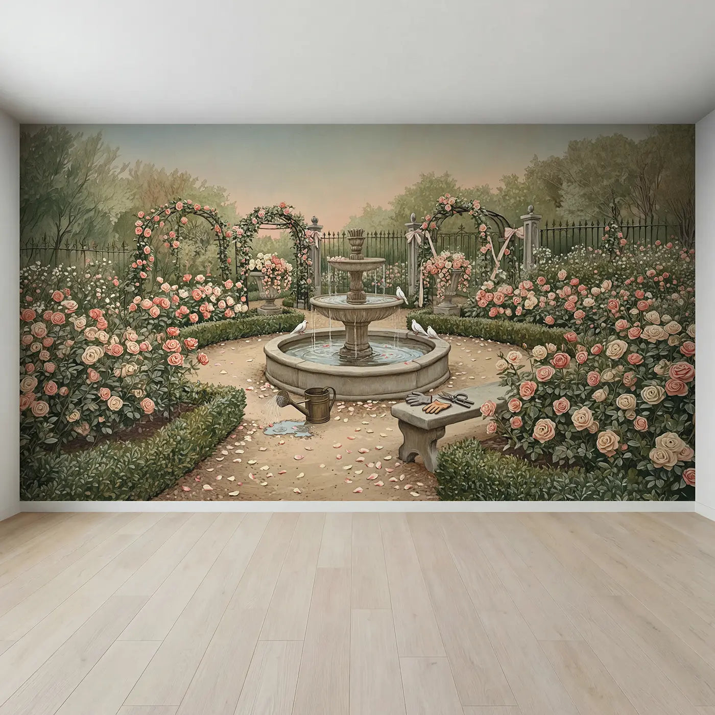 Full view of Perfume Rose Garden Fountain Wallpaper Mural by Whimsy Tots