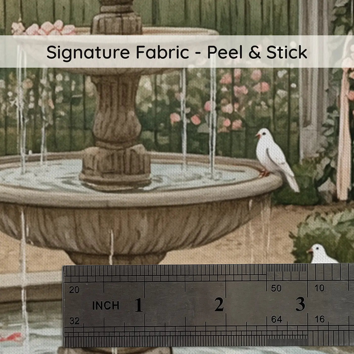 Fabric texture close-up of Perfume Rose Garden Fountain Wallpaper Mural by Whimsy Tots